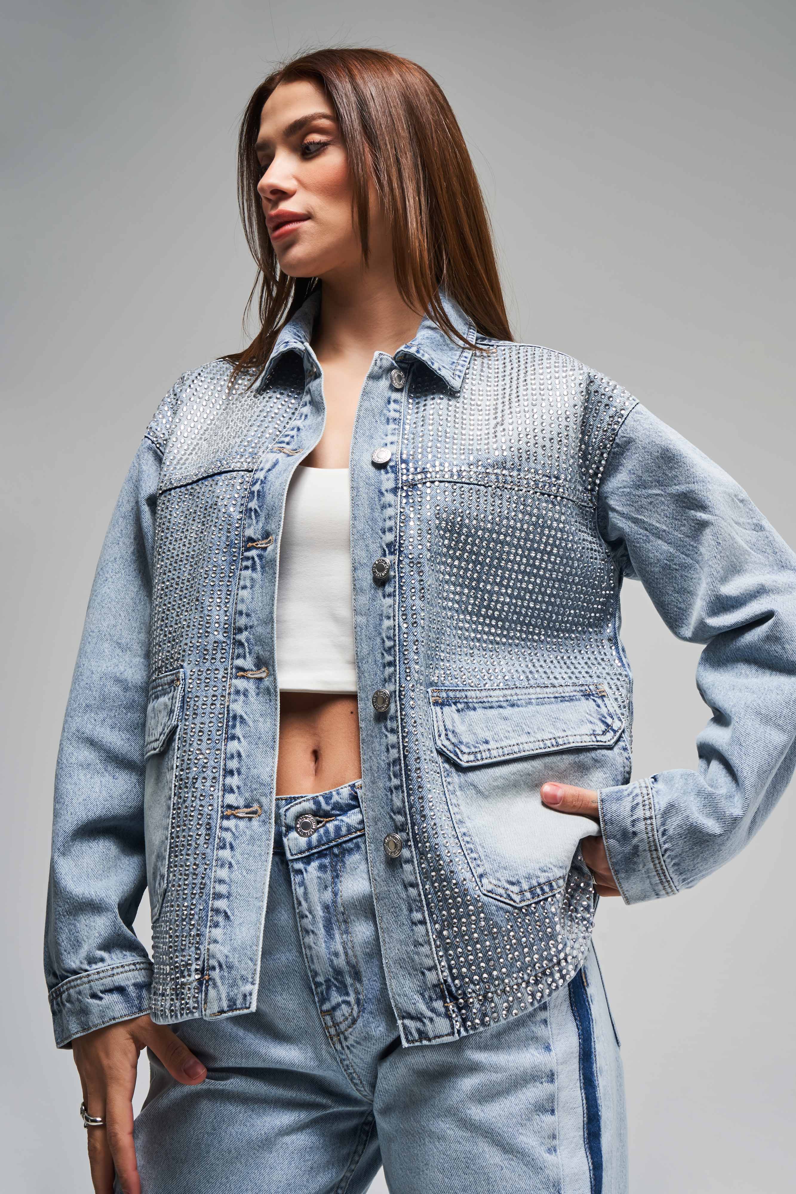 Women's Denim Color T-4S5-27 Shiny Stone Oversize 100% Cotton Side Pocket Design Denim Jacket