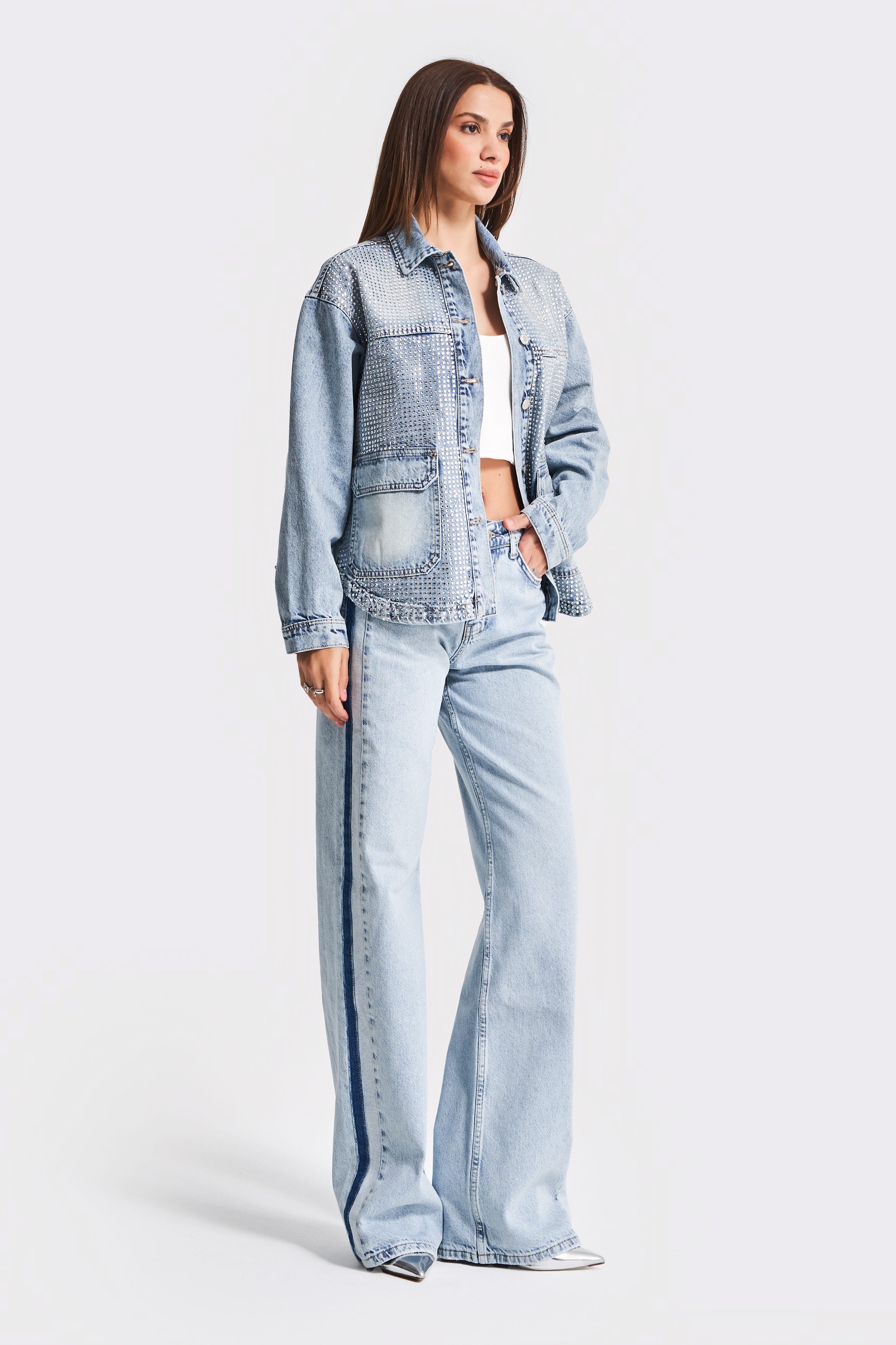 Women's Denim Color T-4S5-27 Shiny Stone Oversize 100% Cotton Side Pocket Design Denim Jacket