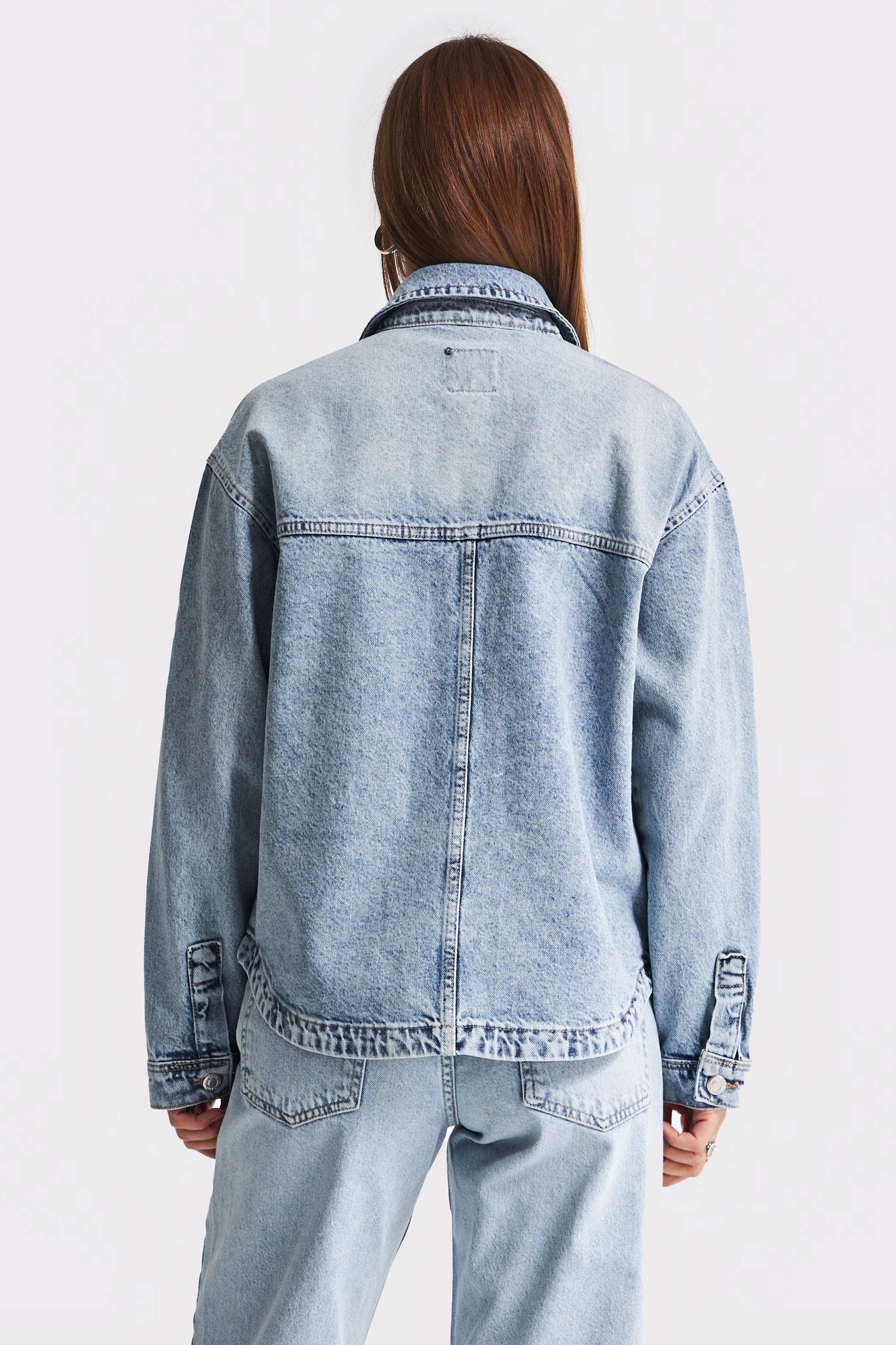 Women's Denim Color T-4S5-27 Shiny Stone Oversize 100% Cotton Side Pocket Design Denim Jacket