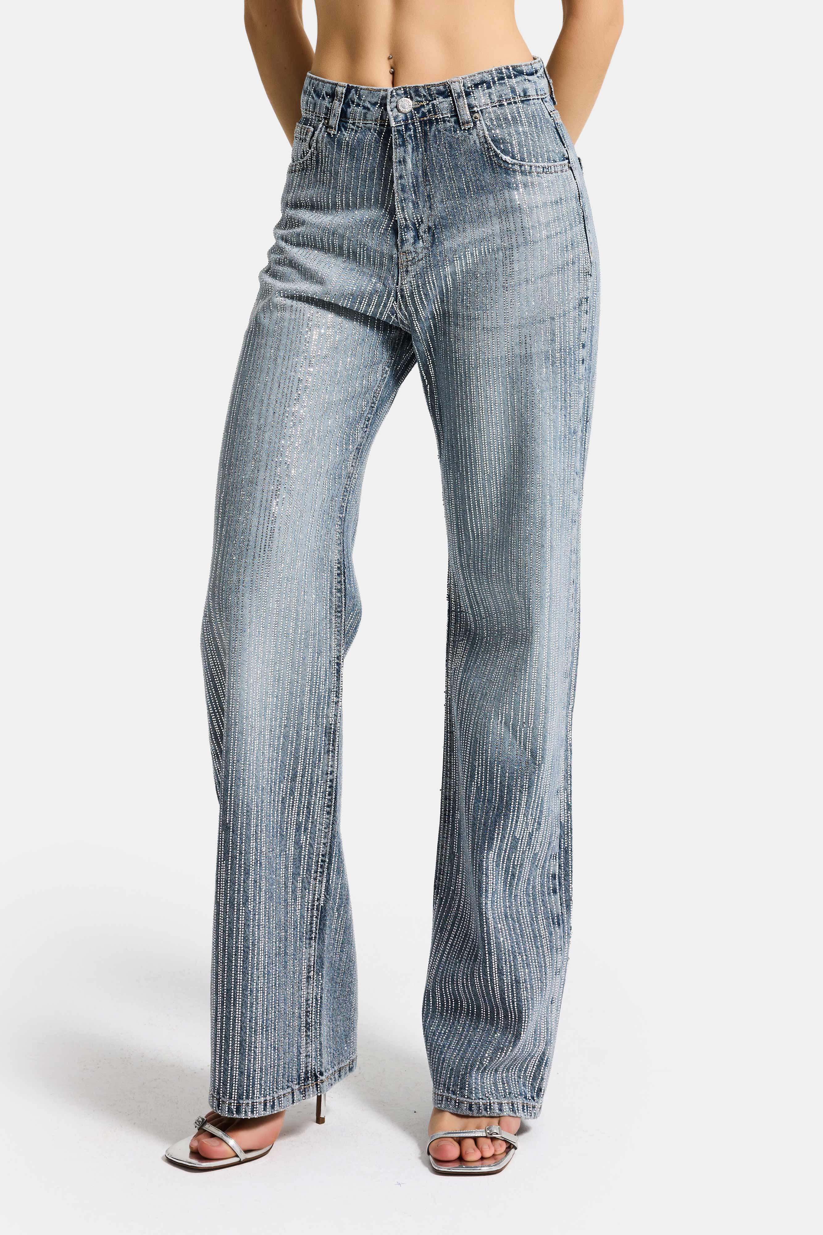 Kadın Kot Rengi T-4s6-159 Straight Fit Ful Arka ve Ön Özel Parlak Taşlı Tasarım Denim Jean