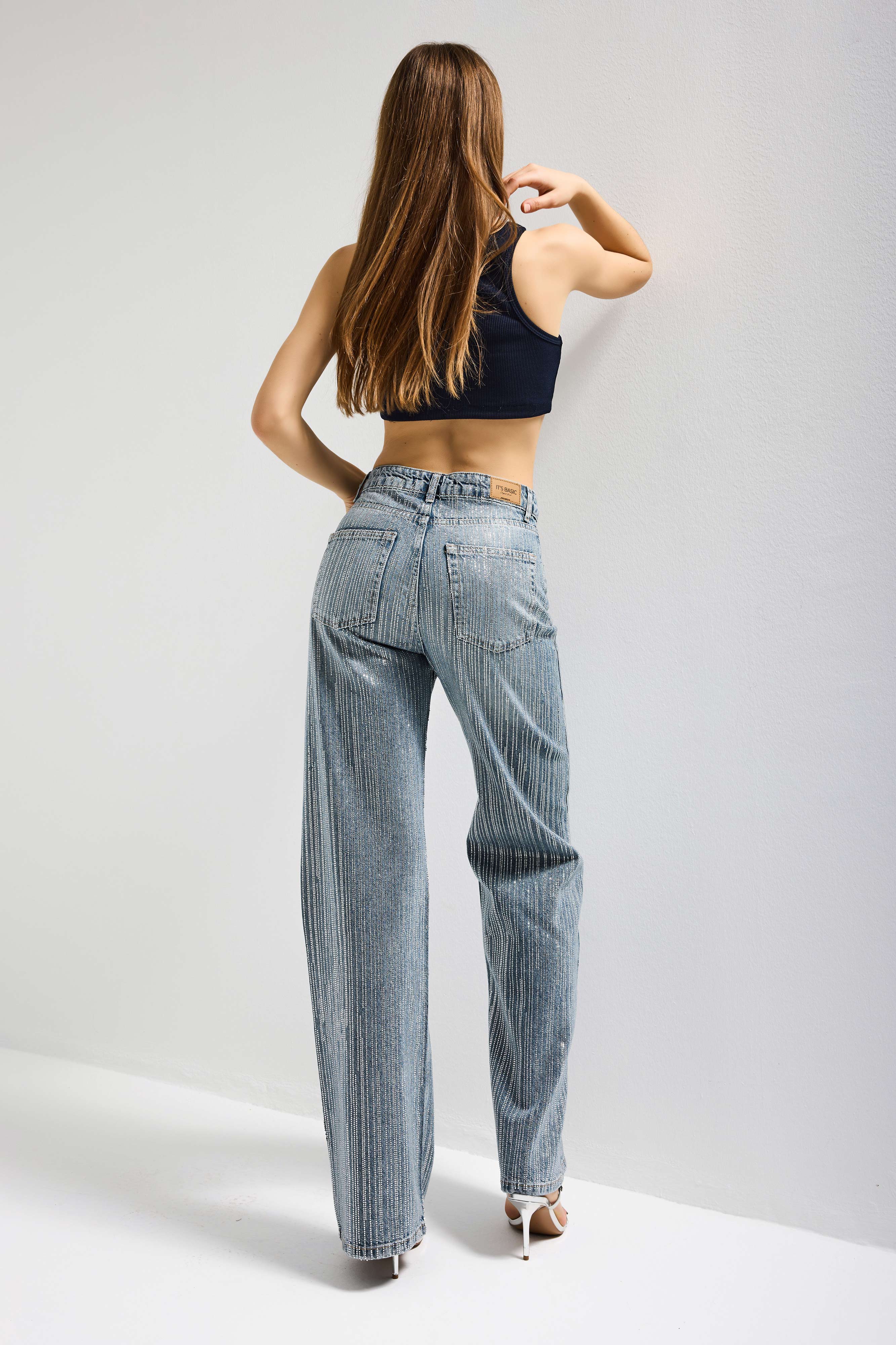 Kadın Kot Rengi T-4s6-159 Straight Fit Ful Arka ve Ön Özel Parlak Taşlı Tasarım Denim Jean