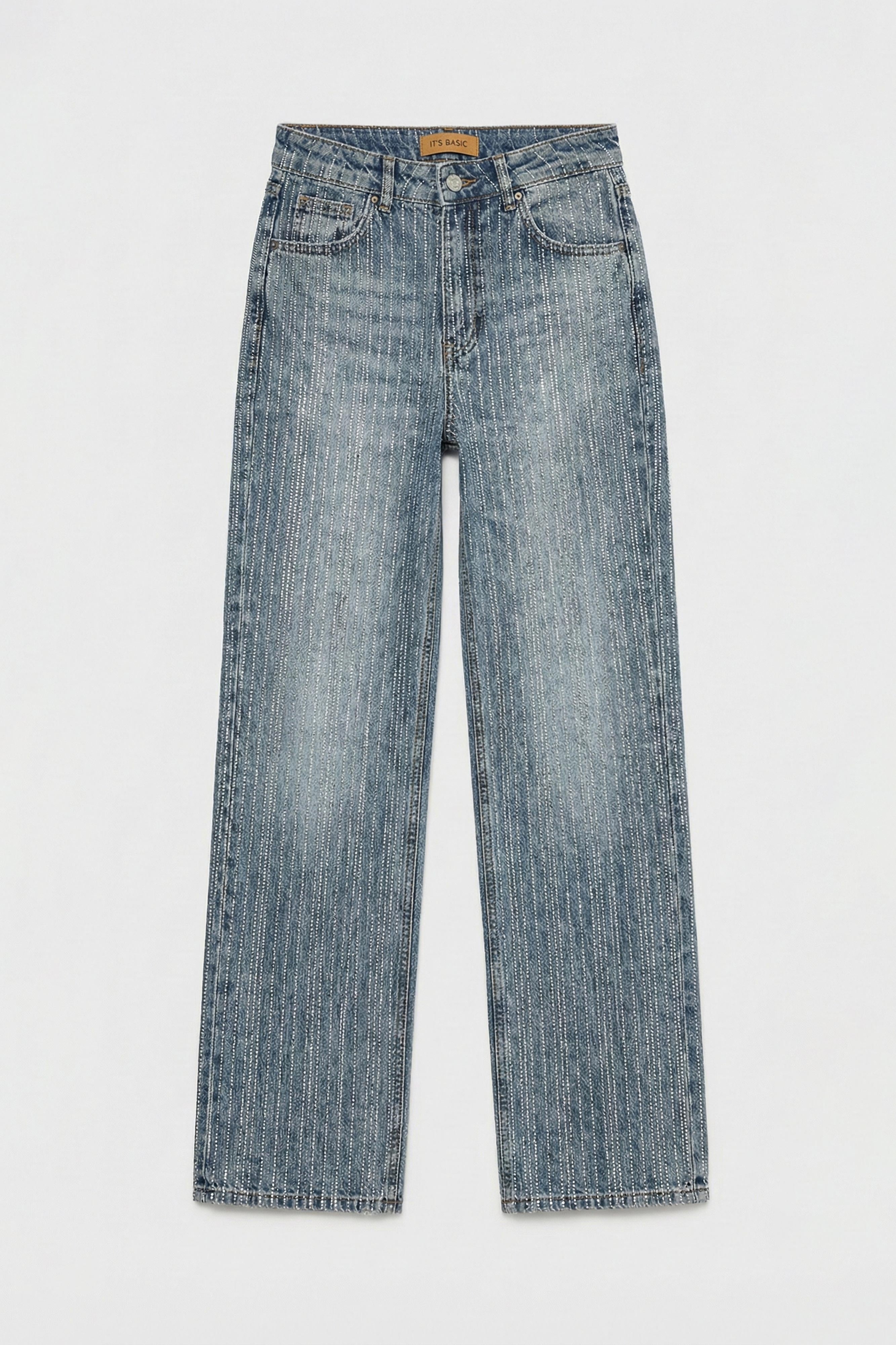 Kadın Kot Rengi T-4s6-159 Straight Fit Ful Arka ve Ön Özel Parlak Taşlı Tasarım Denim Jean