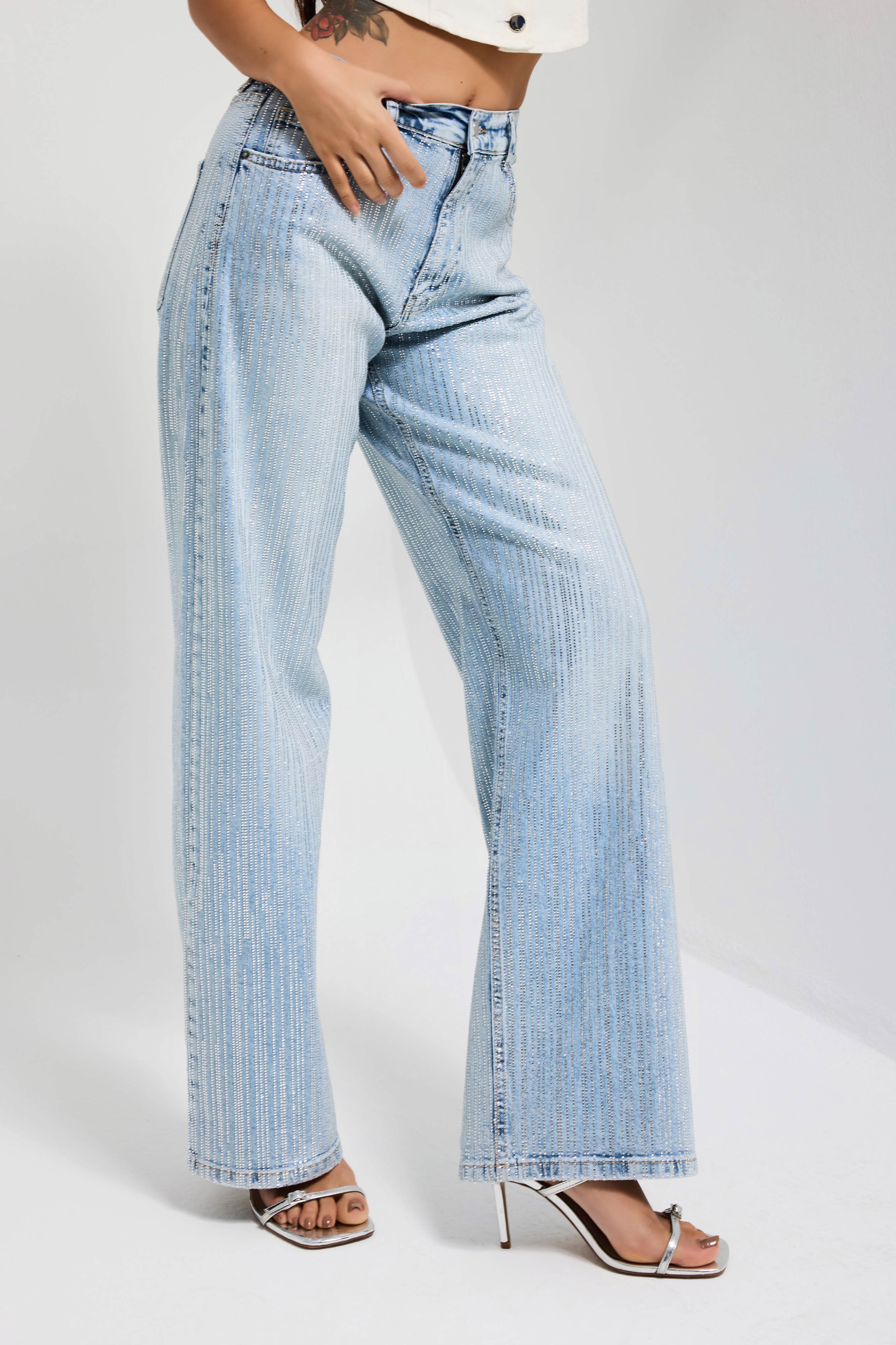 Kadın Kot Rengi T-4s6-3 Loose Fit Ön Arka Parlak Taşlı Tasarım Denim Jean