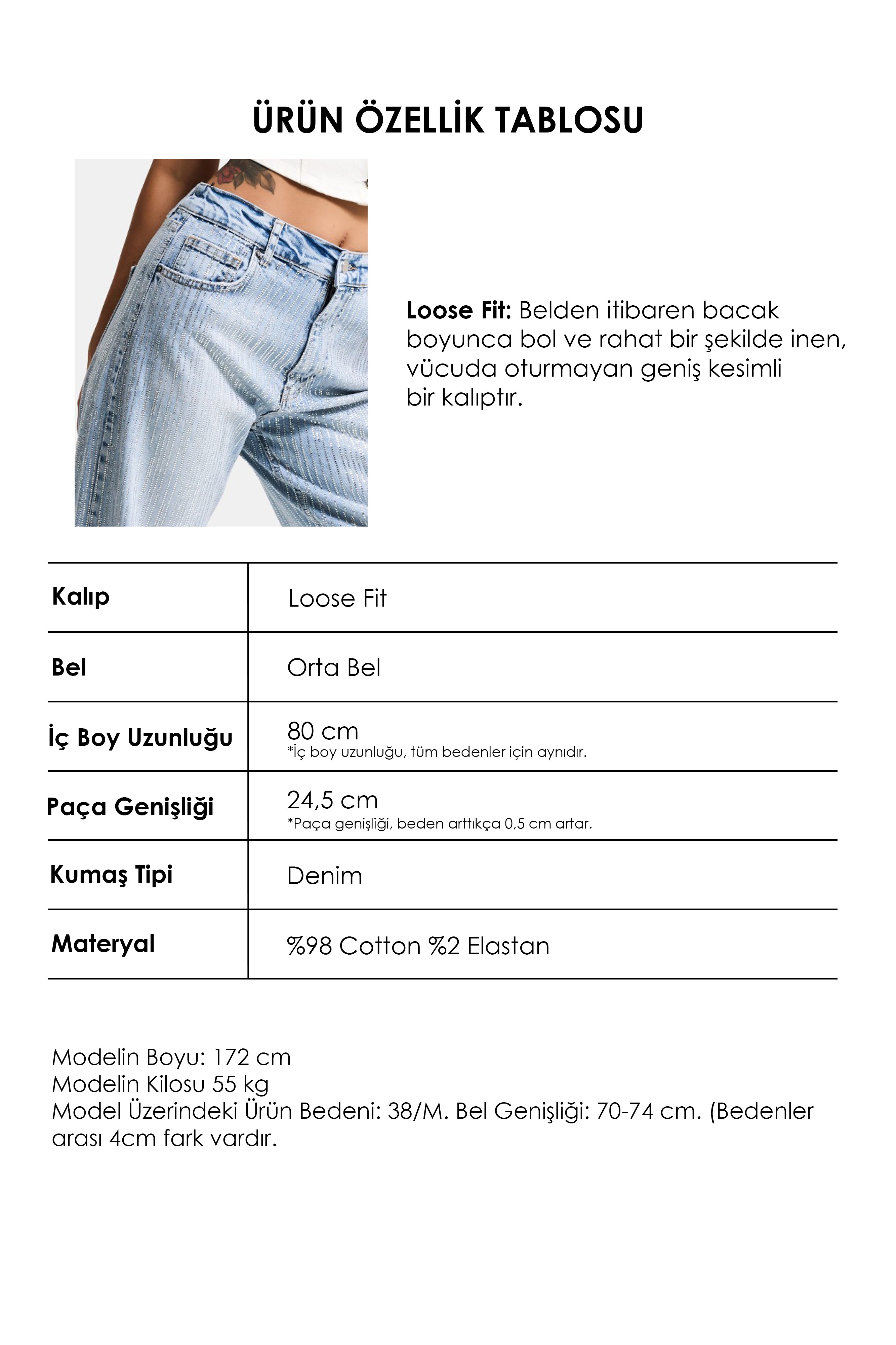 Kadın Kot Rengi T-4s6-3 Loose Fit Ön Arka Parlak Taşlı Tasarım Denim Jean