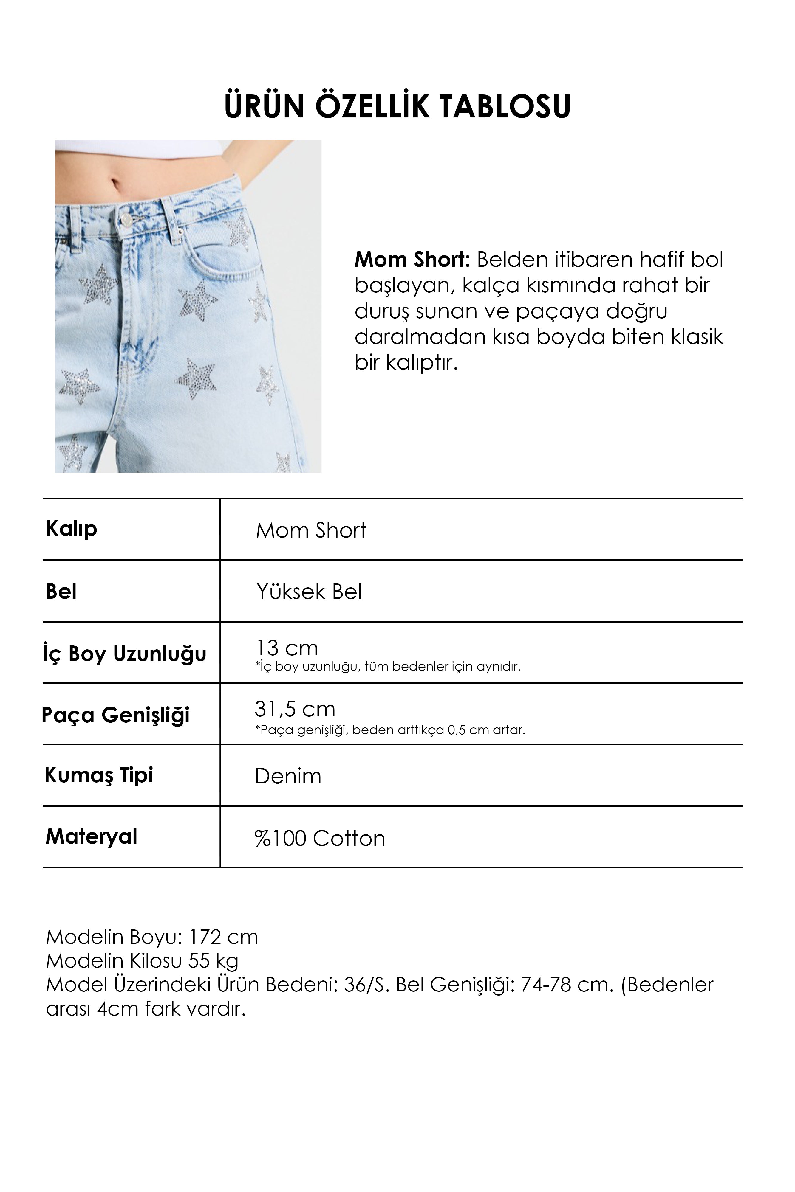 Kadın Kot Rengi T-4s6-3 Mom Fit Midi Boy Parlak Yıldız Taşlı Özel Tasarım Denim Şort