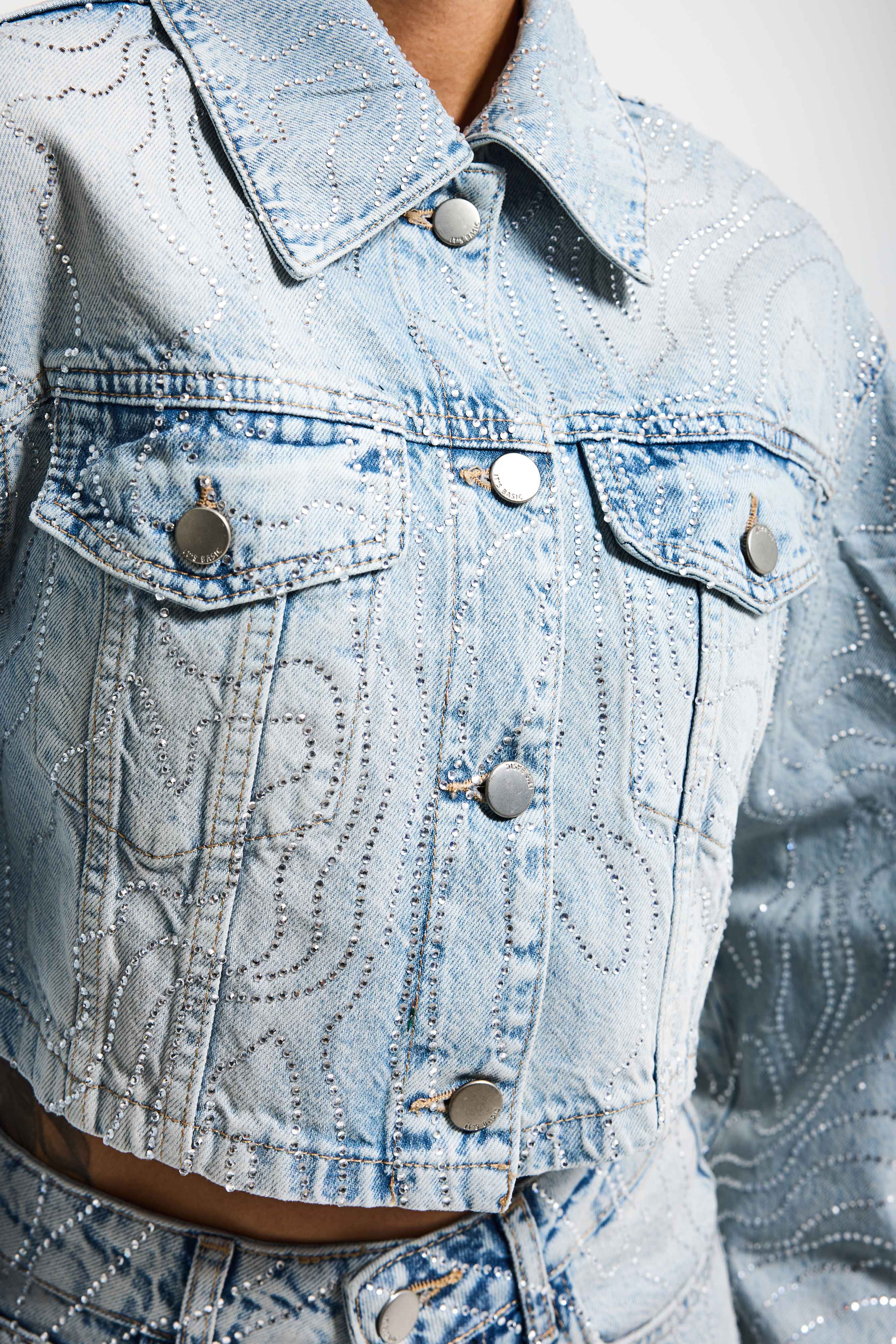 Kadın Kot Rengi T-4s6-32 Crop Fit Taş Detaylı Özel Tasarım Denim Ceket