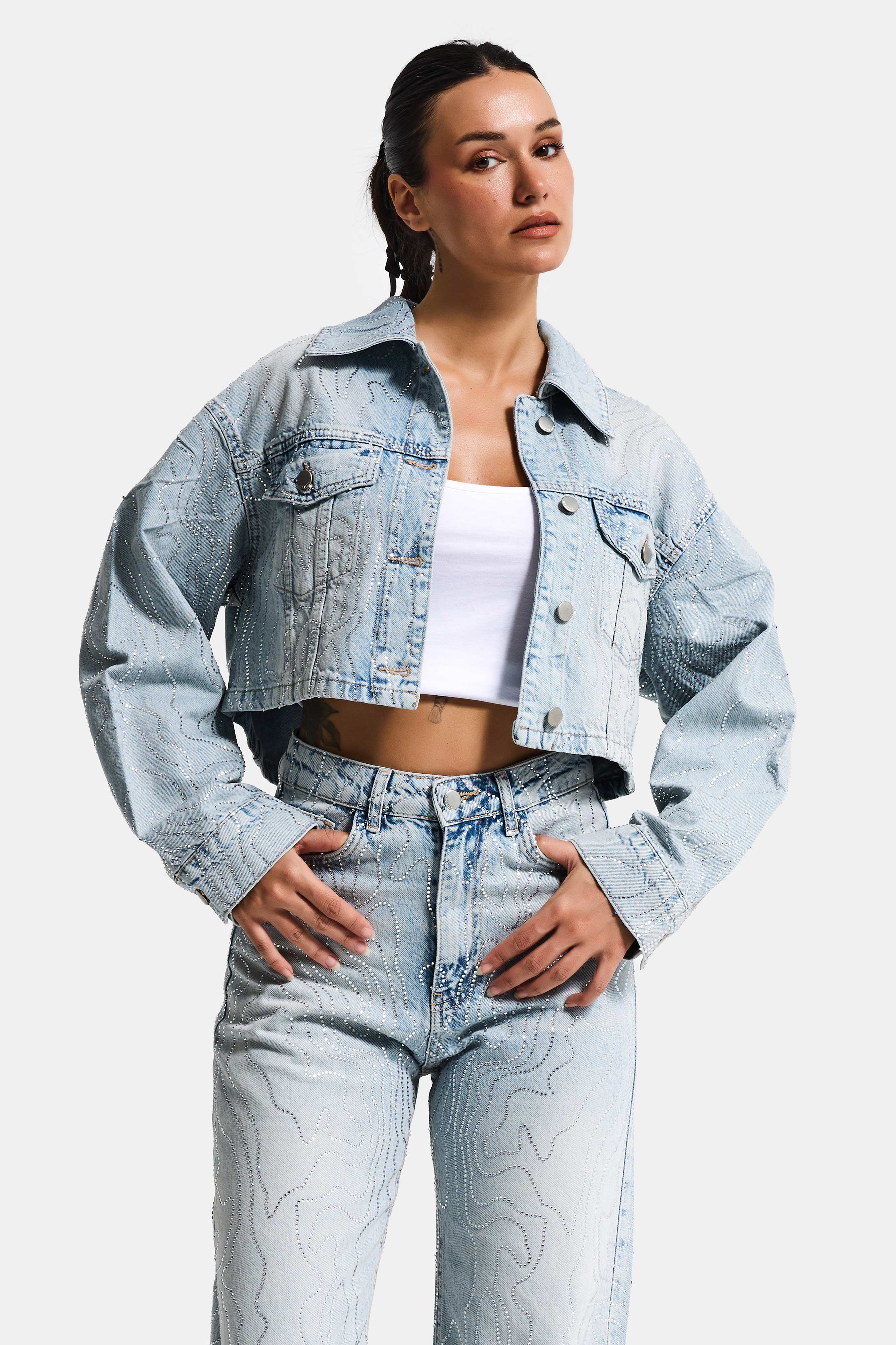 Kadın Kot Rengi T-4s6-32 Crop Fit Taş Detaylı Özel Tasarım Denim Ceket