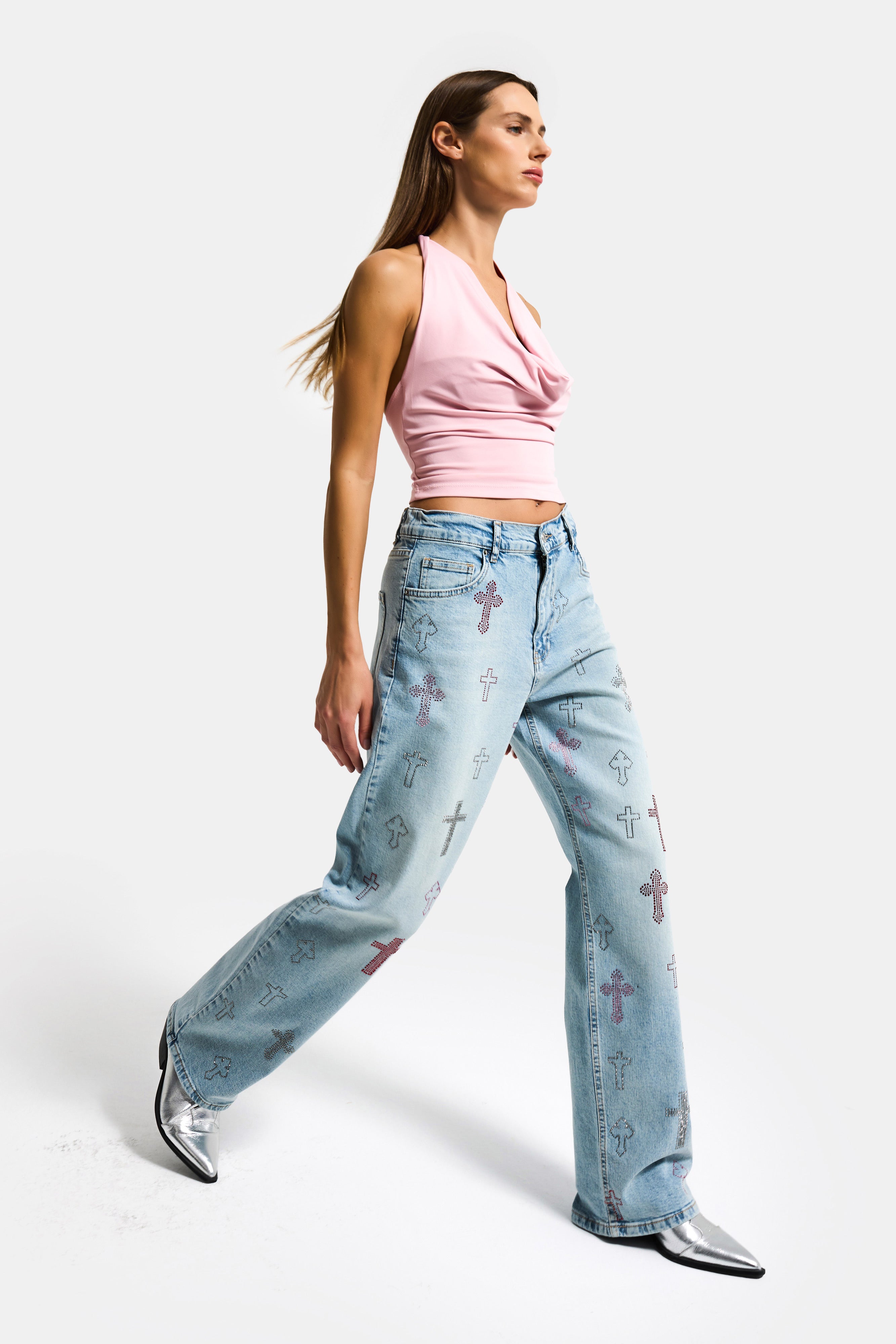 Kadın Kot Rengi T-4s6-32 Özel Parlak Taşlı Elastan Kumaş Tasarım Denim Jean