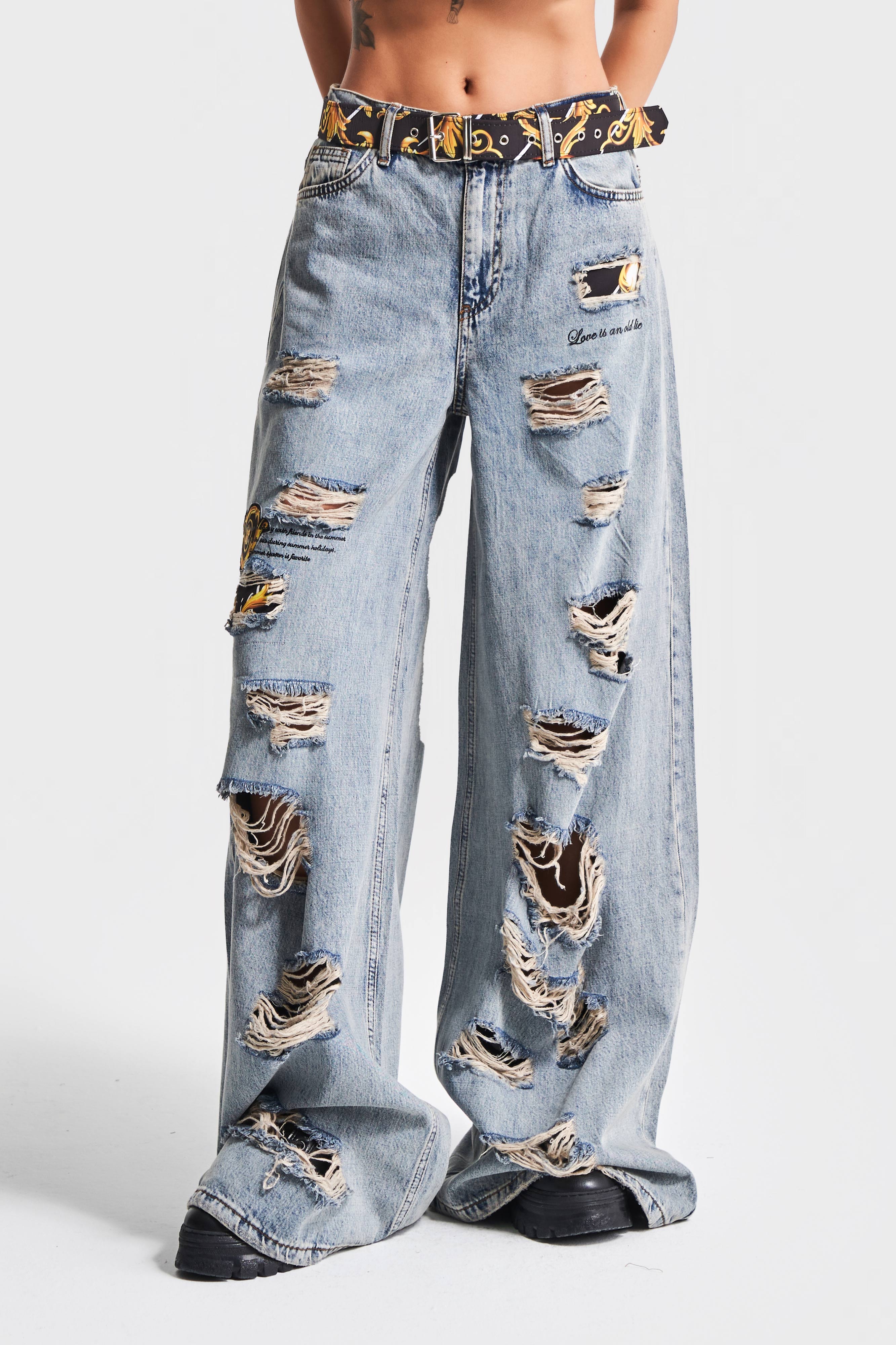 Women's Denim Color Ripped Detail Belted Design Palazzo Fit Denim Jeans