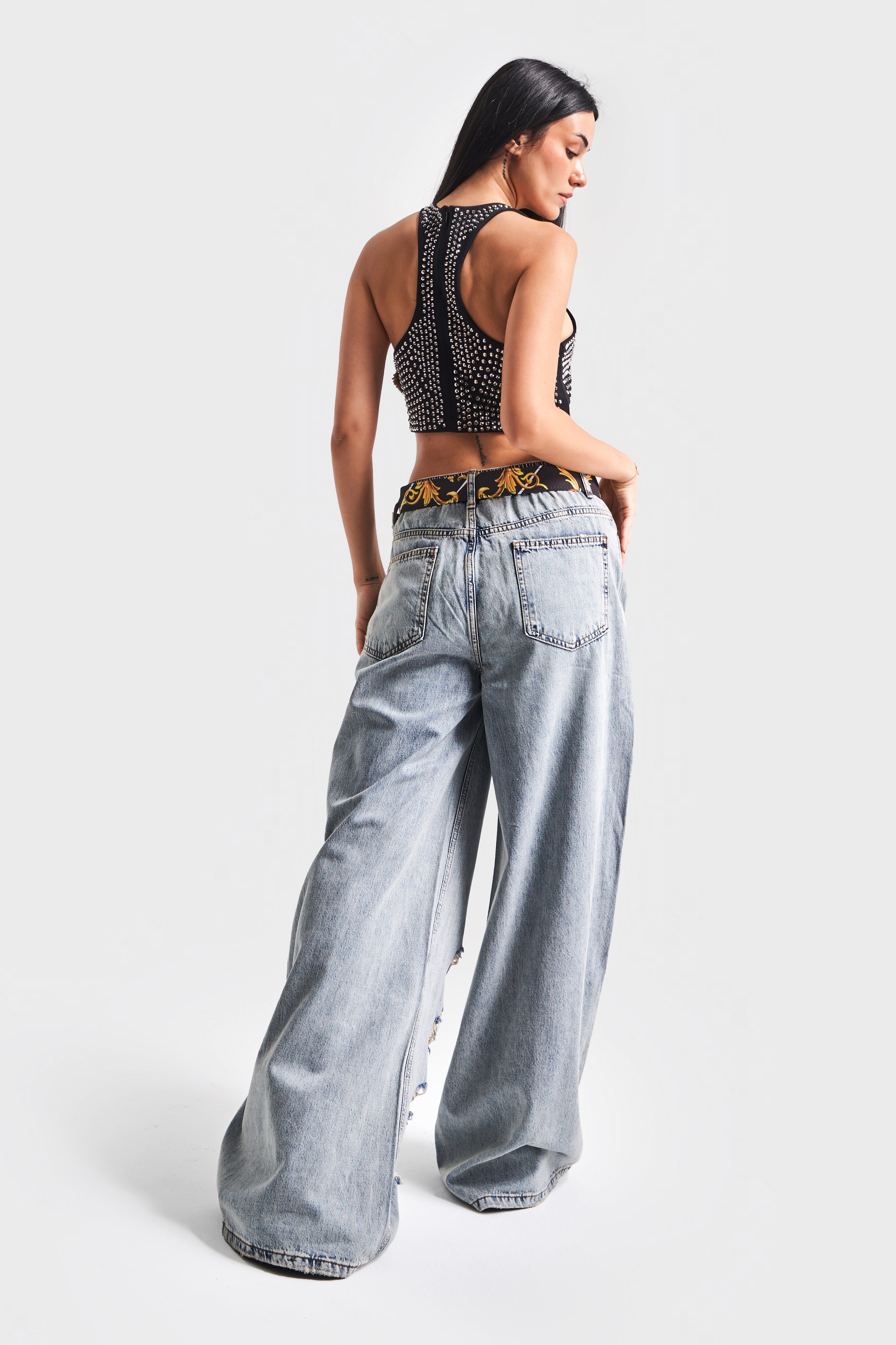 Women's Denim Color Ripped Detail Belted Design Palazzo Fit Denim Jeans