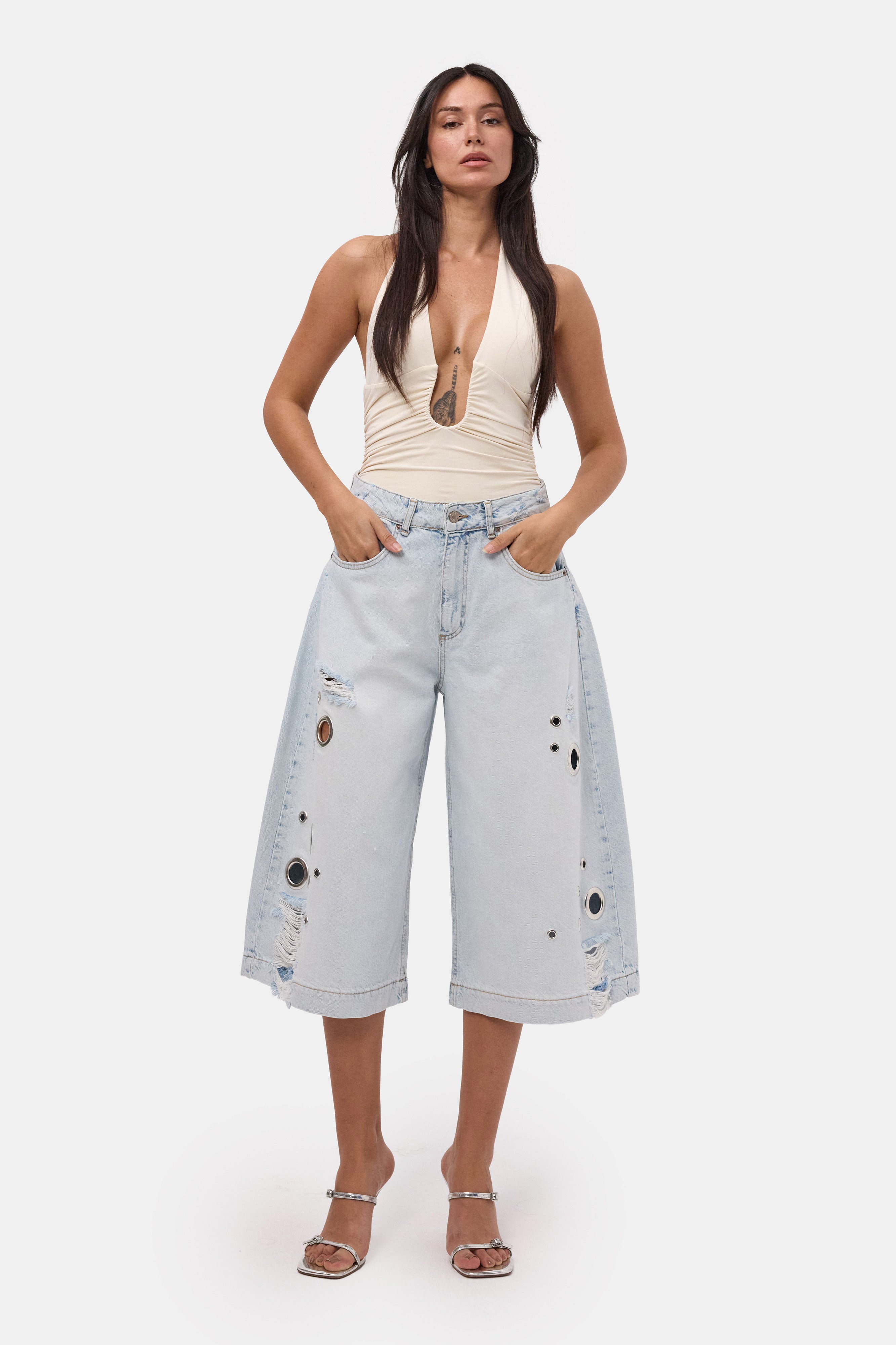 Kadın Kot Renk 12s6-100 Maxi Boy Tasarım Bermuda Şort