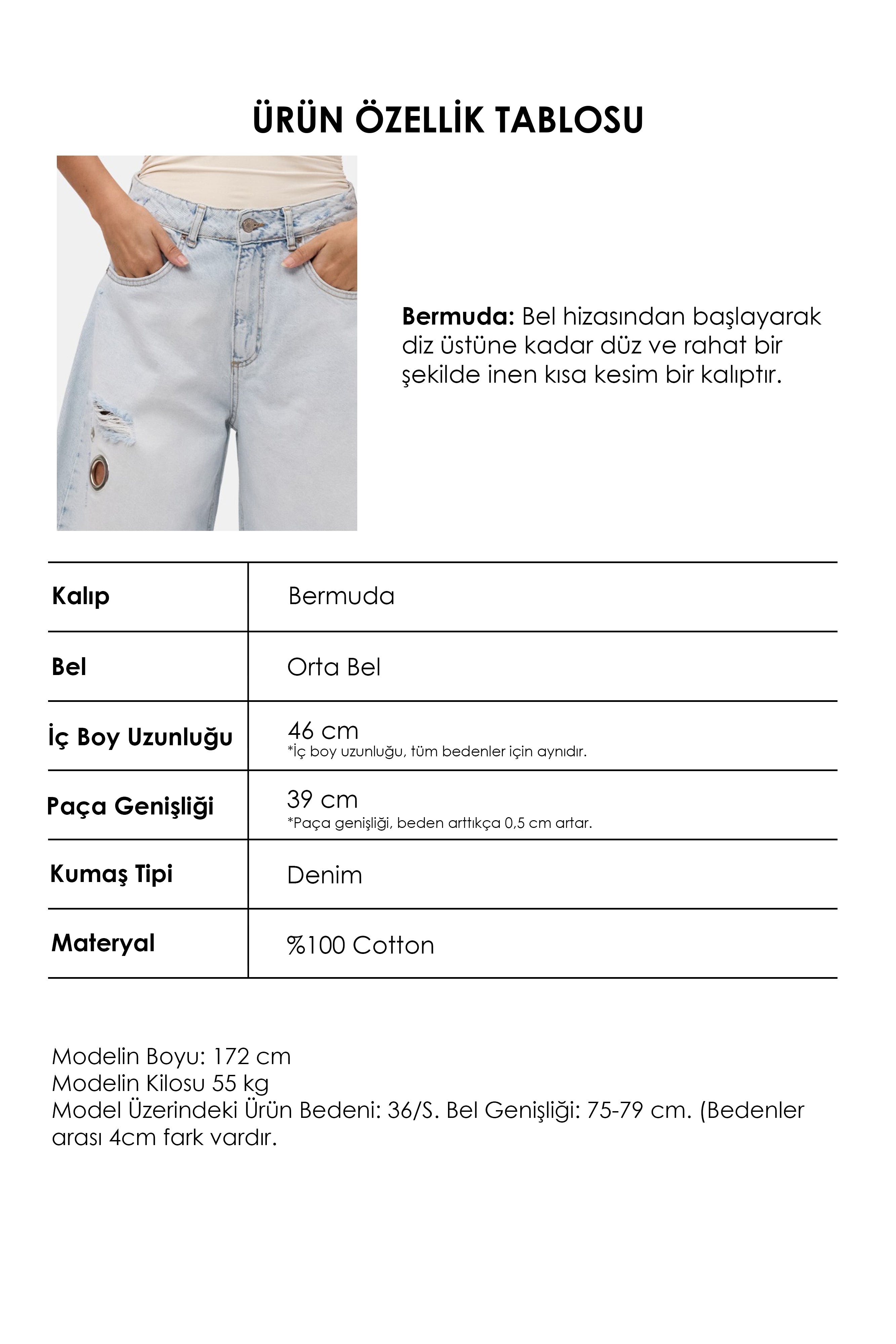 Kadın Kot Renk 12s6-100 Maxi Boy Tasarım Bermuda Şort