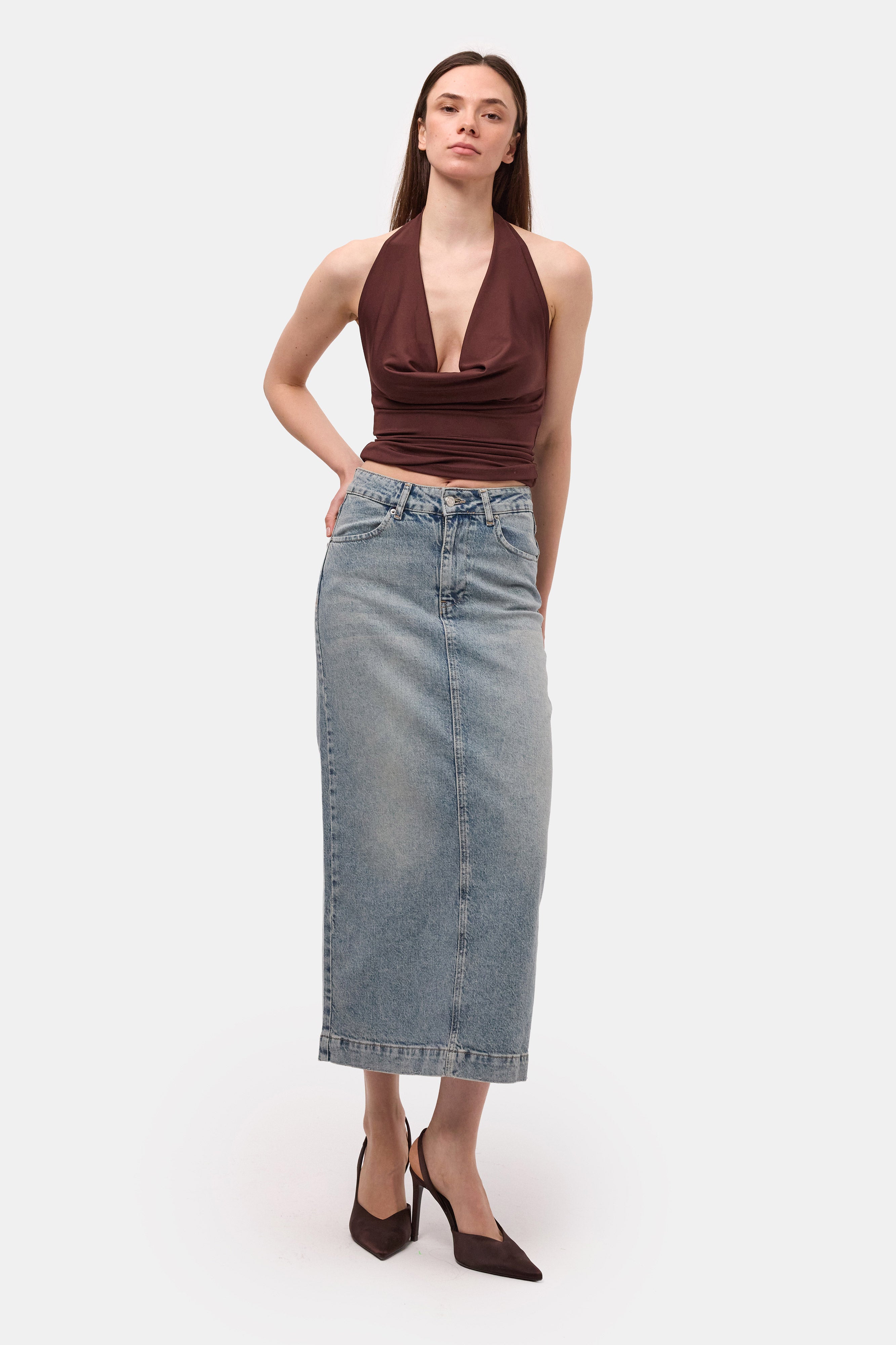 Kadın Kot Renk 4s6-32 Maxi Komfort Kumaş Arkadan Yırtmaçlı Denim Etek