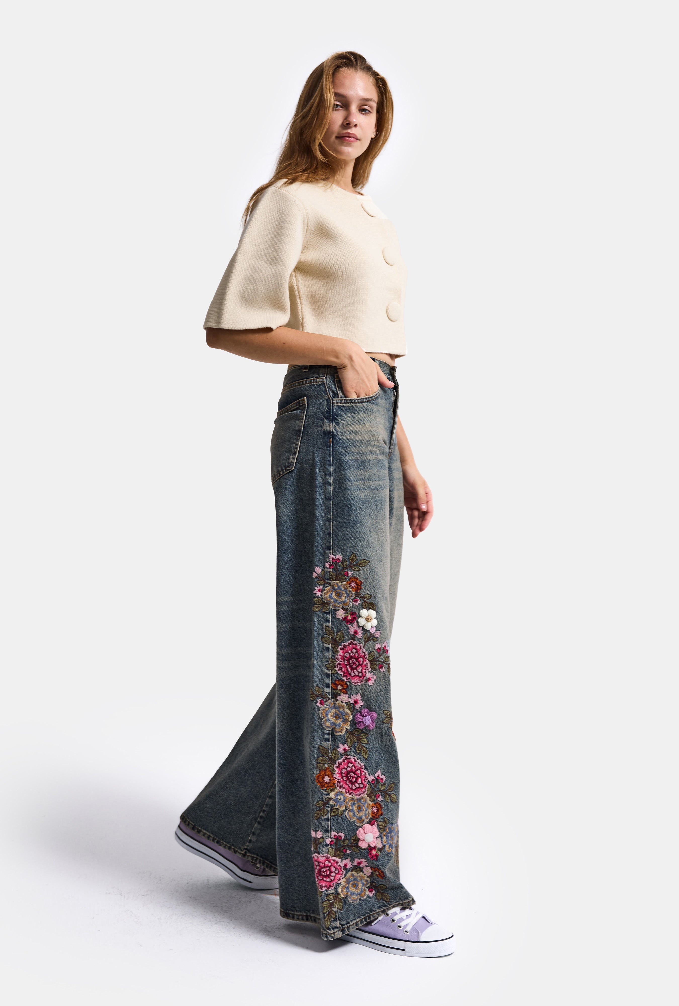 Kadın Kot Renk 4w6-8 Palazzo Fit Nakış ve 3D Gül Detaylı Özel Tasarım Denim Jean