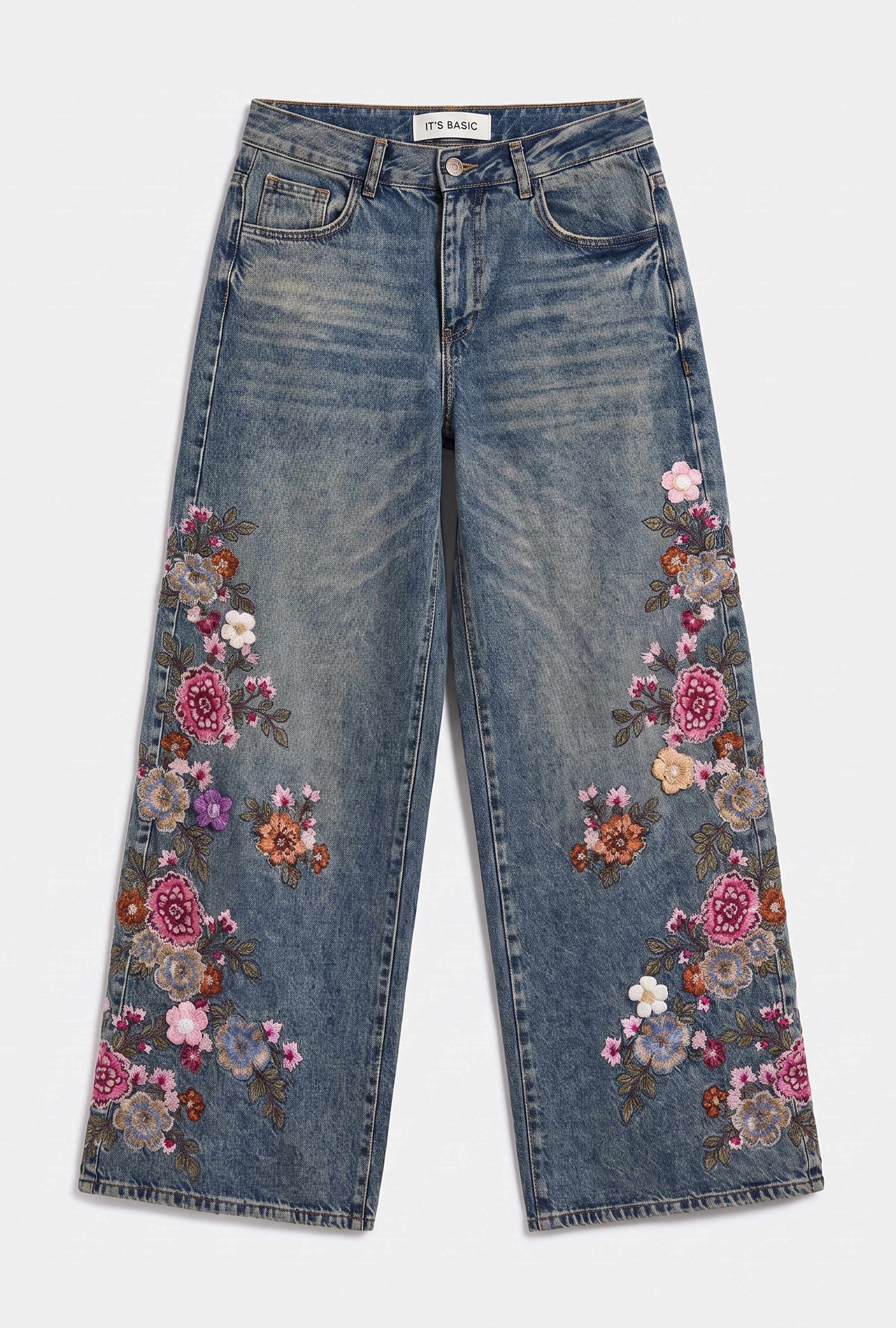 Kadın Kot Renk 4w6-8 Palazzo Fit Nakış ve 3D Gül Detaylı Özel Tasarım Denim Jean