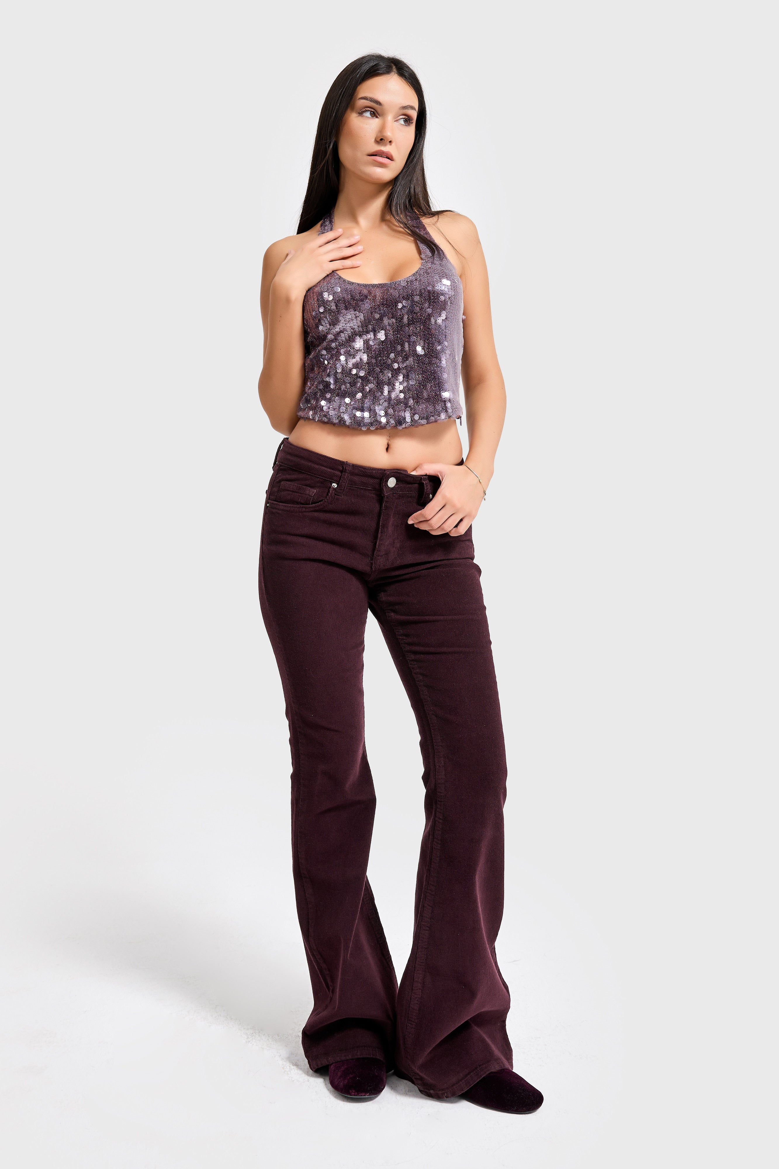 Kadın Koyu Bordo 29w5-153 Flare Fit Esnek İnce Fitilli Velvet Kadife Kumaş Pantolon