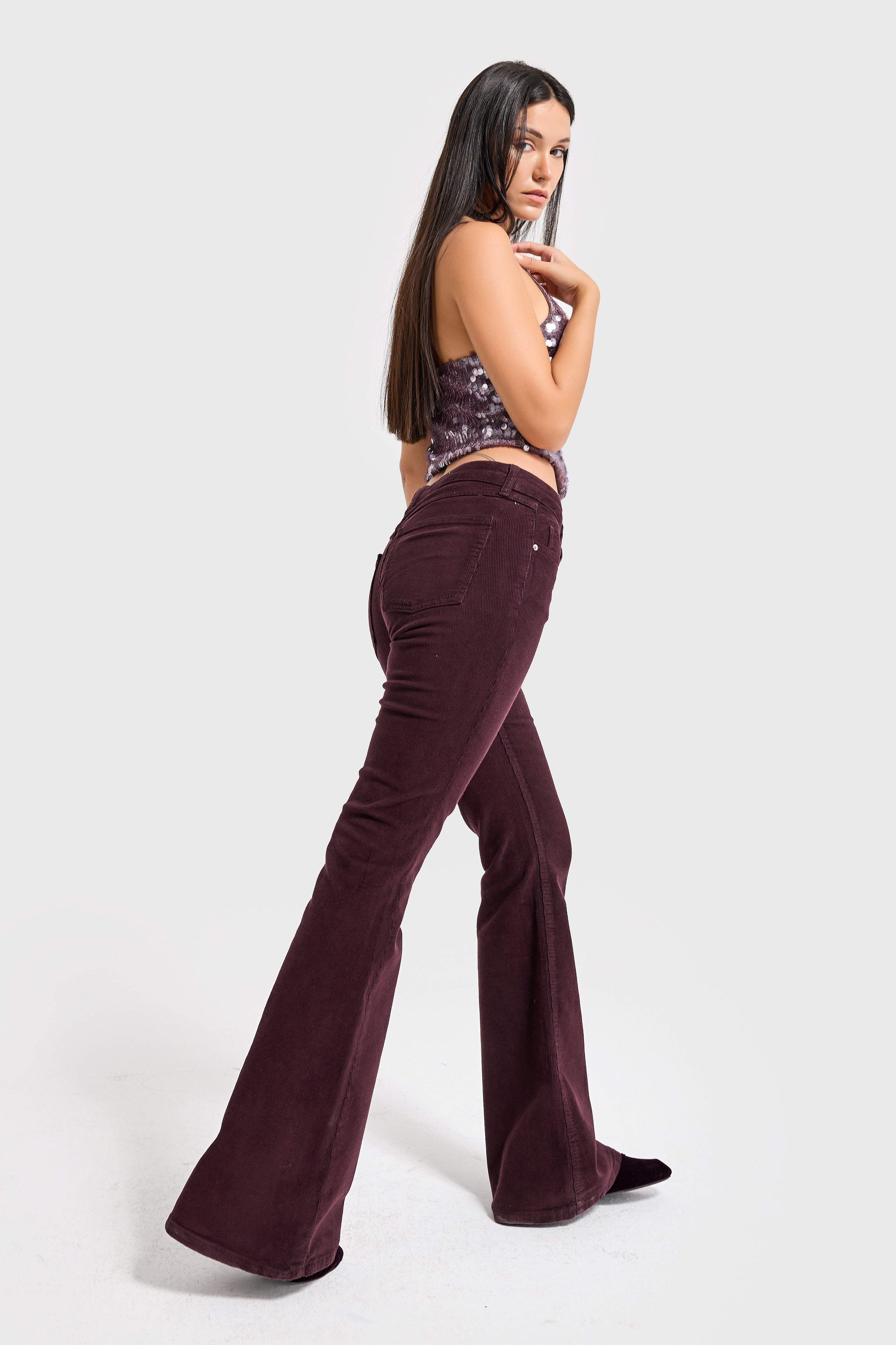 Kadın Koyu Bordo 29w5-153 Flare Fit Esnek İnce Fitilli Velvet Kadife Kumaş Pantolon