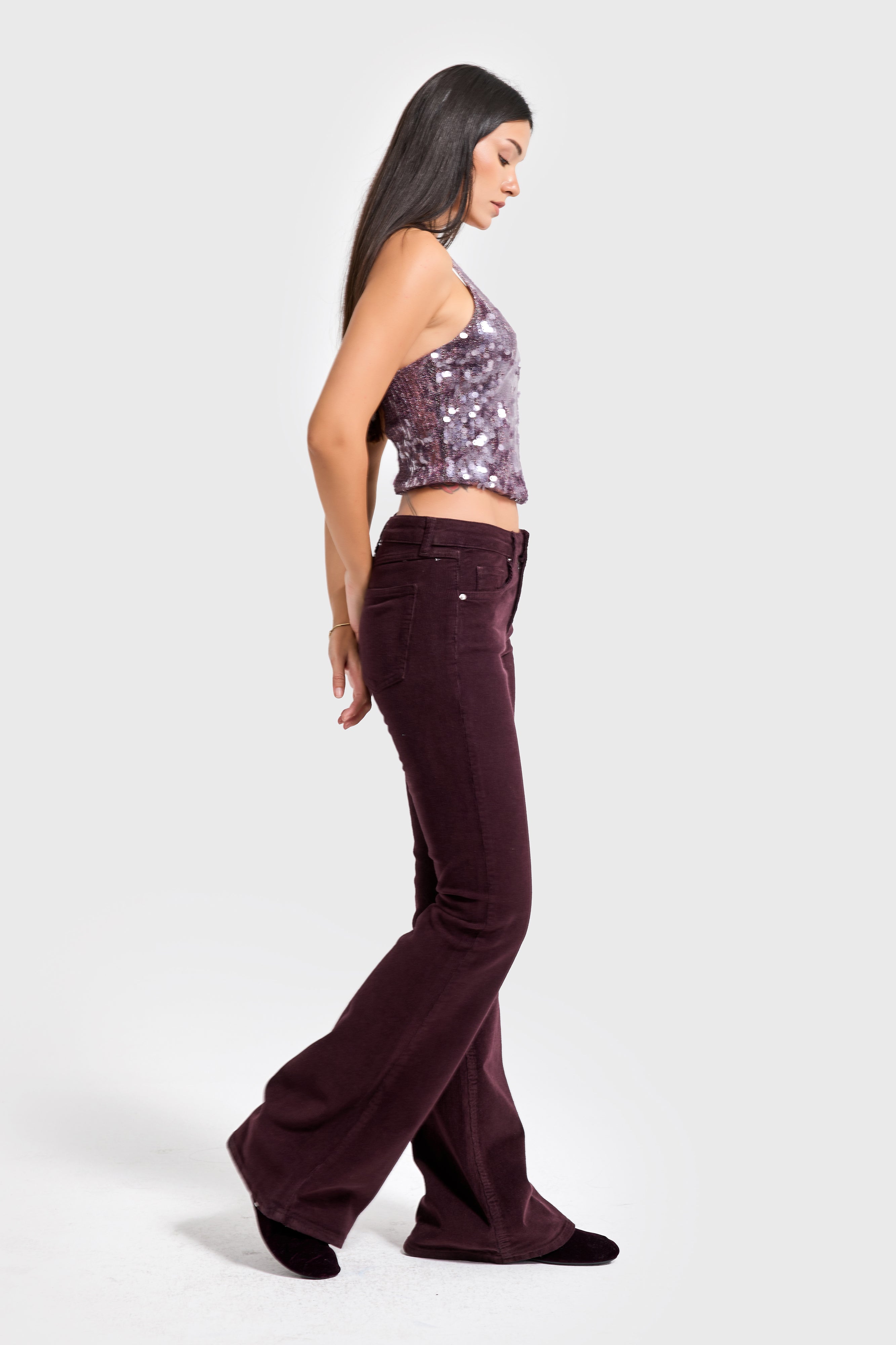 Kadın Koyu Bordo 29w5-153 Flare Fit Esnek İnce Fitilli Velvet Kadife Kumaş Pantolon