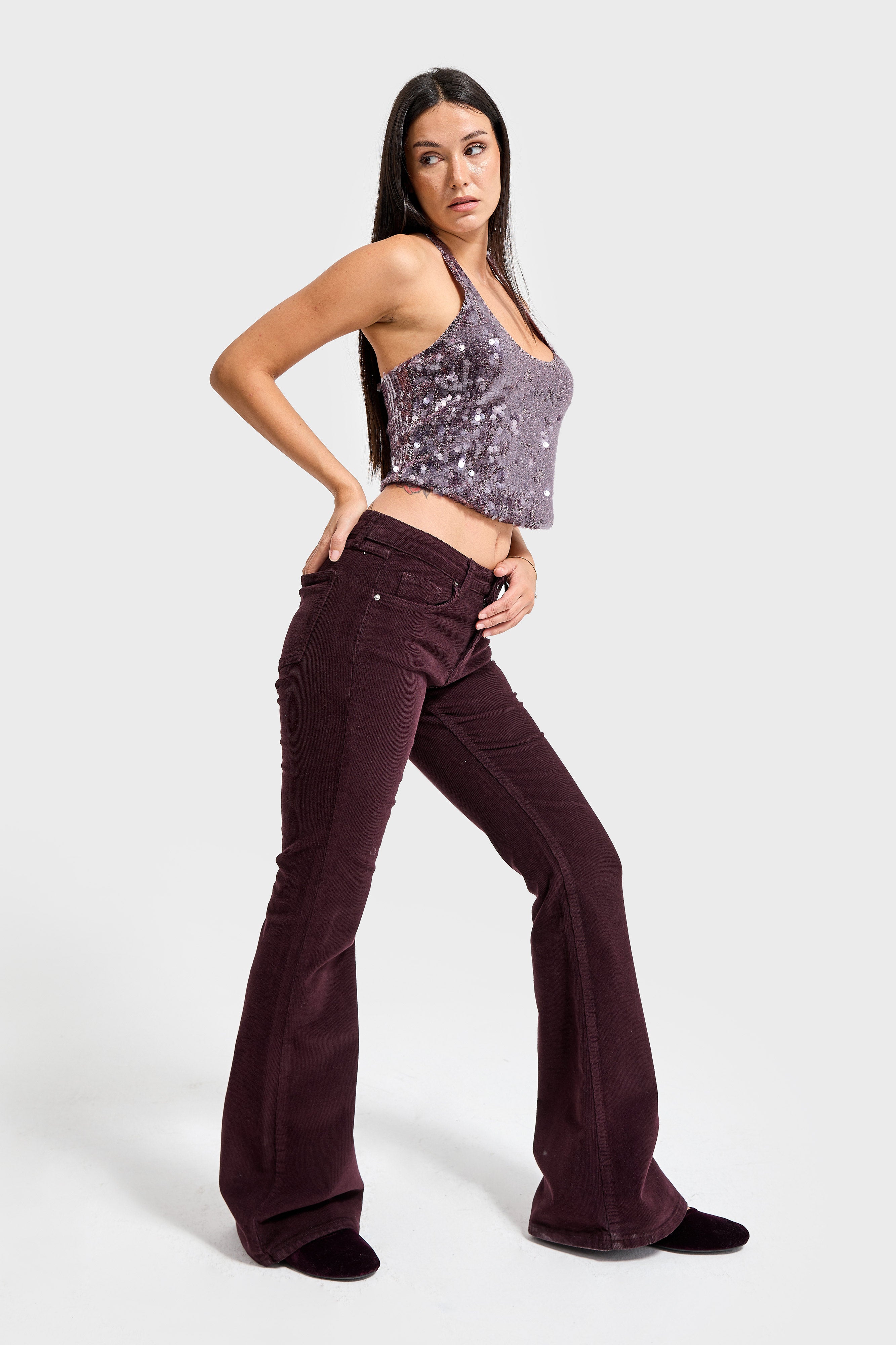 Kadın Koyu Bordo 29w5-153 Flare Fit Esnek İnce Fitilli Velvet Kadife Kumaş Pantolon