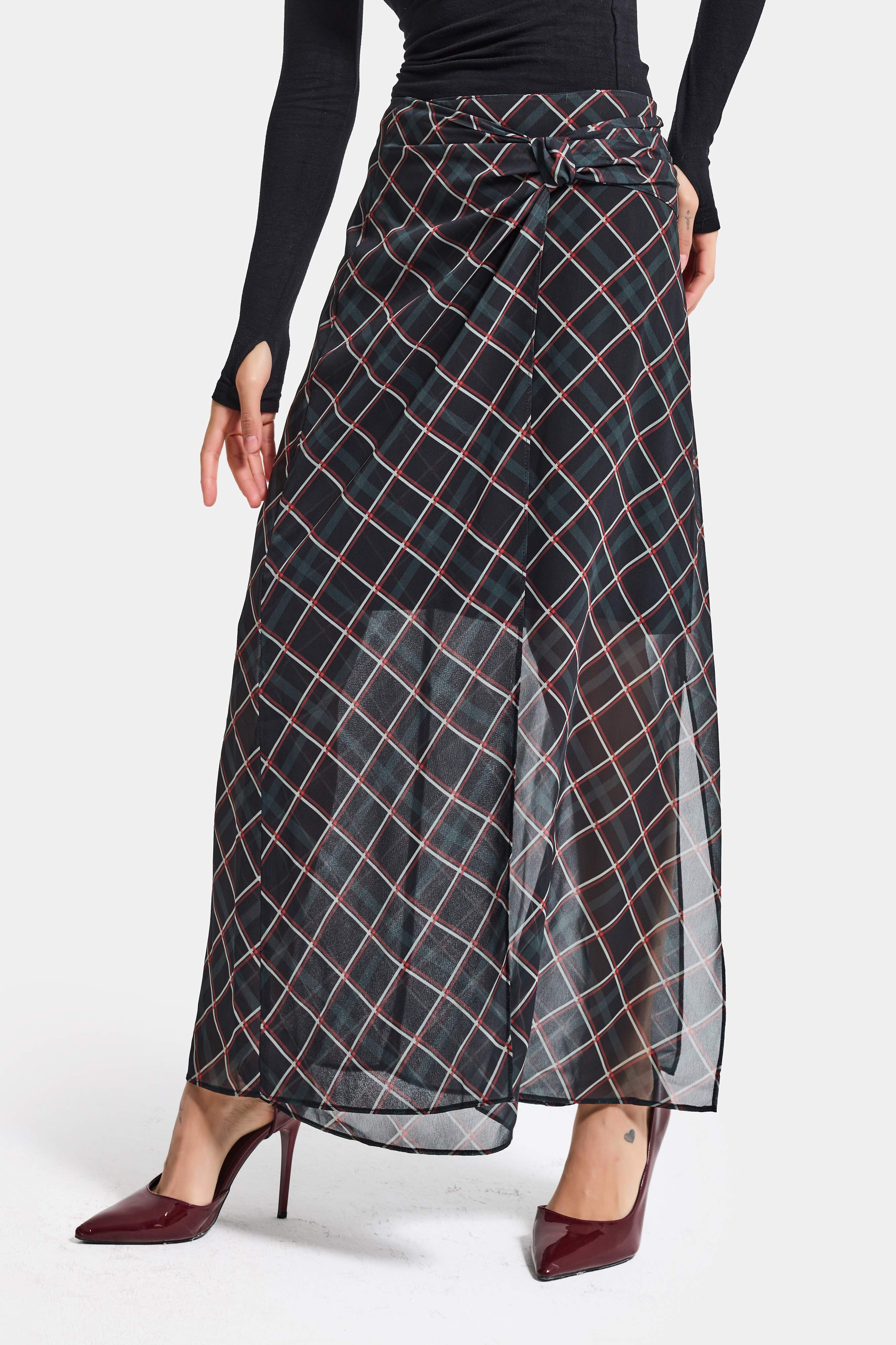 Kadın Koyu Ekose s6-1 Maxi Boy Kemer Detaylı Saten Etek
