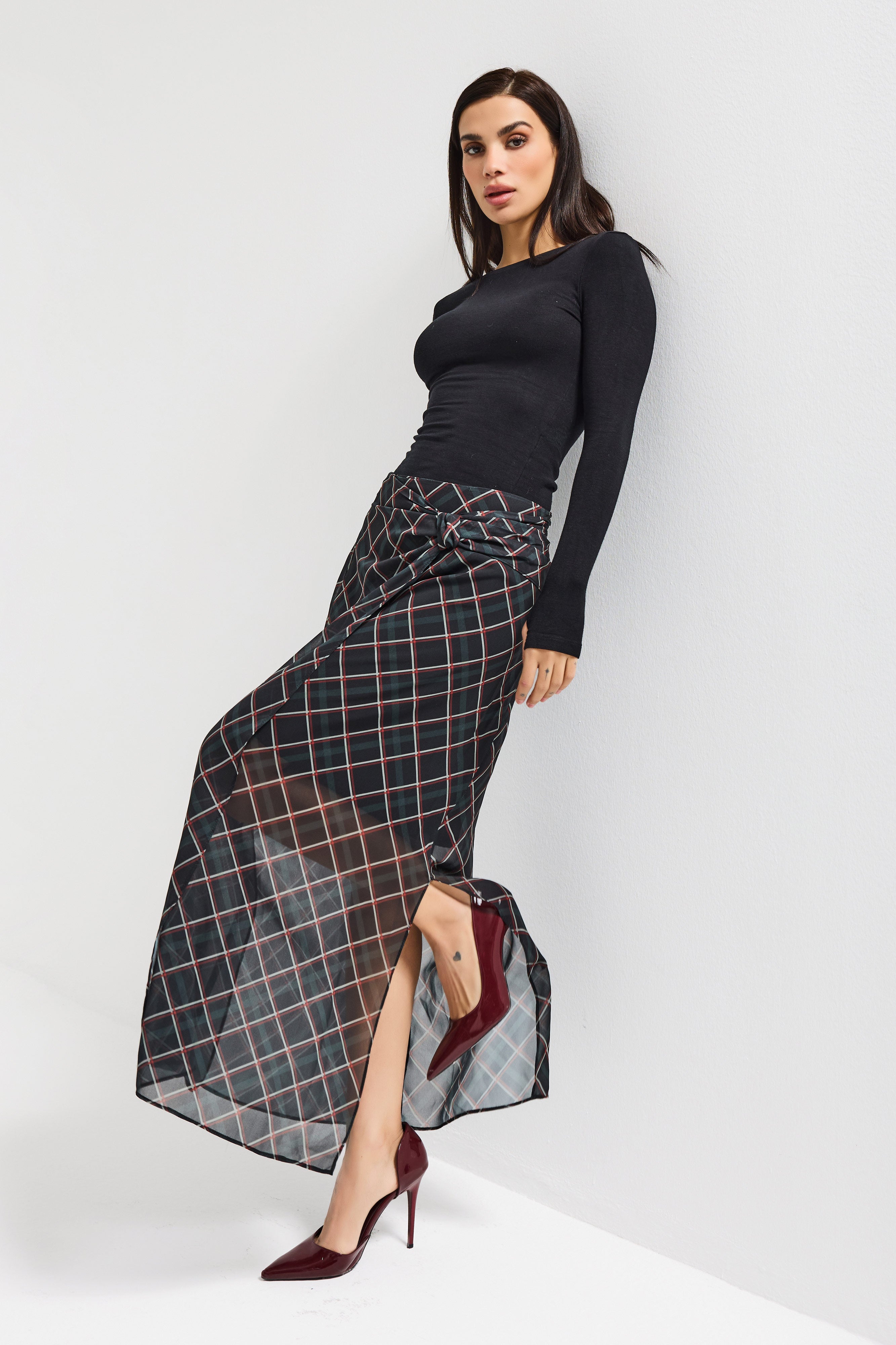 Kadın Koyu Ekose s6-1 Maxi Boy Kemer Detaylı Saten Etek