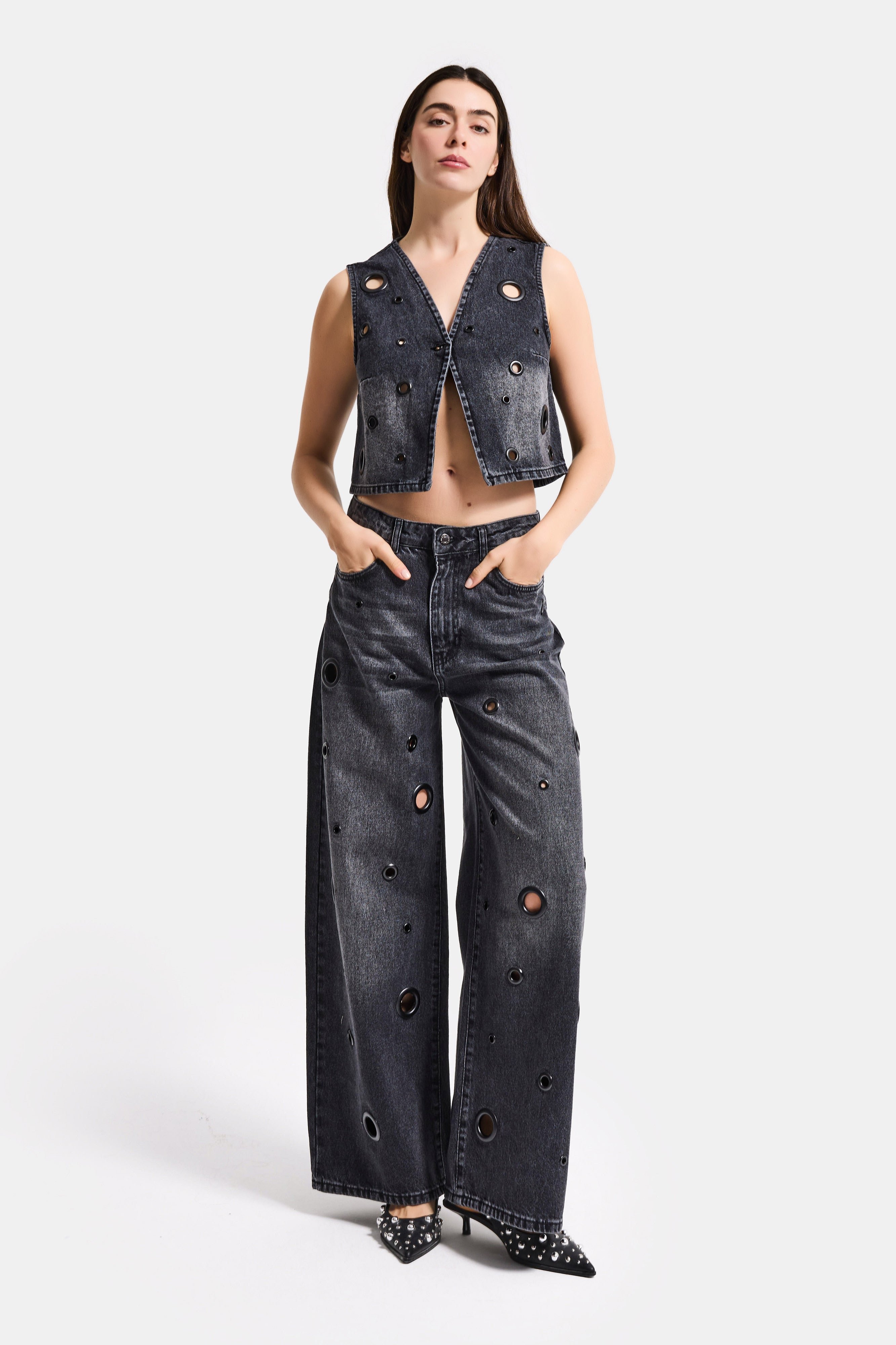 Kadın Koyu Füme 2s6-1 Baggy Fit Kuş Gözü Tasarım Denim Jean