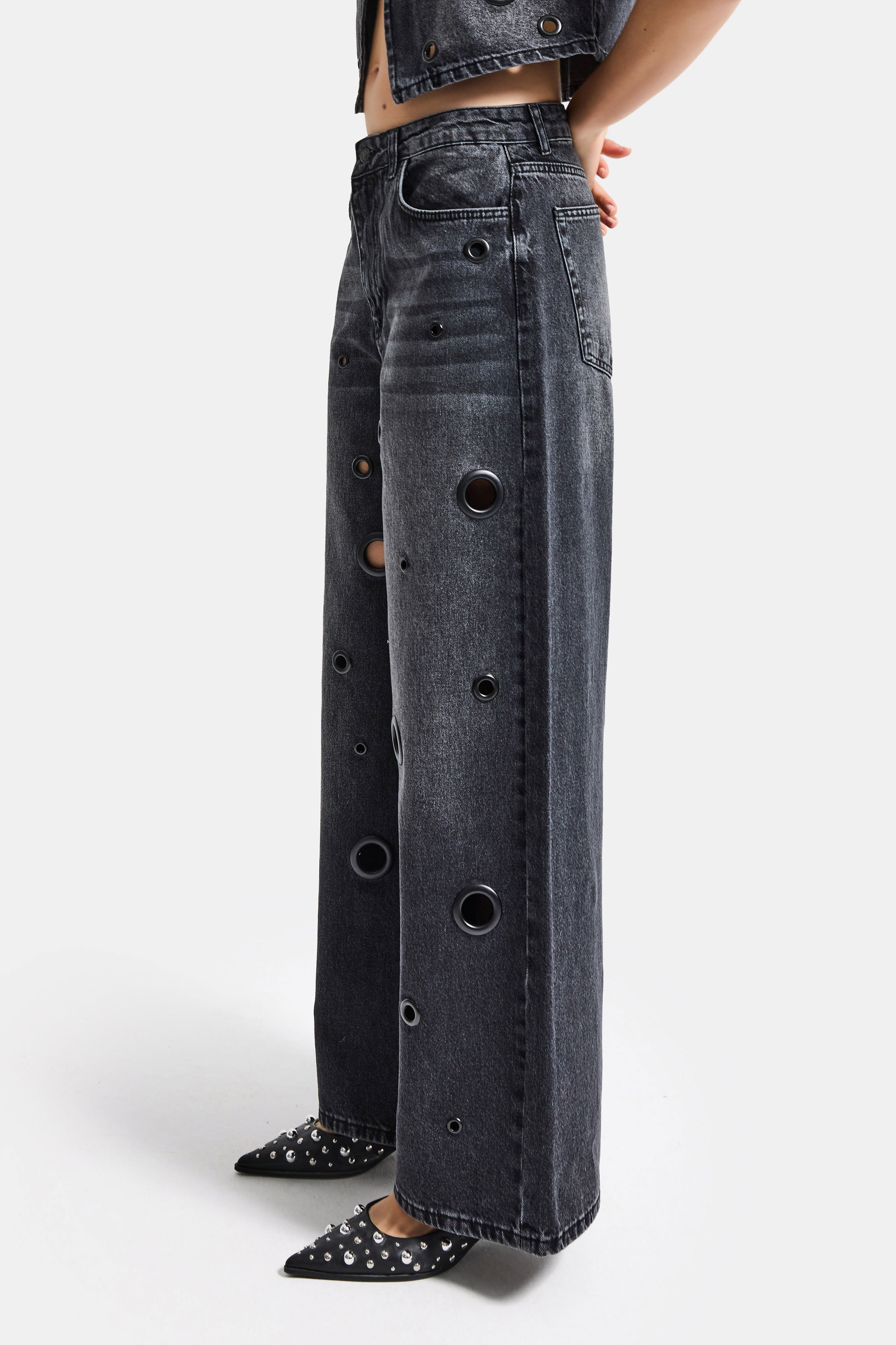 Kadın Koyu Füme 2s6-1 Baggy Fit Kuş Gözü Tasarım Denim Jean