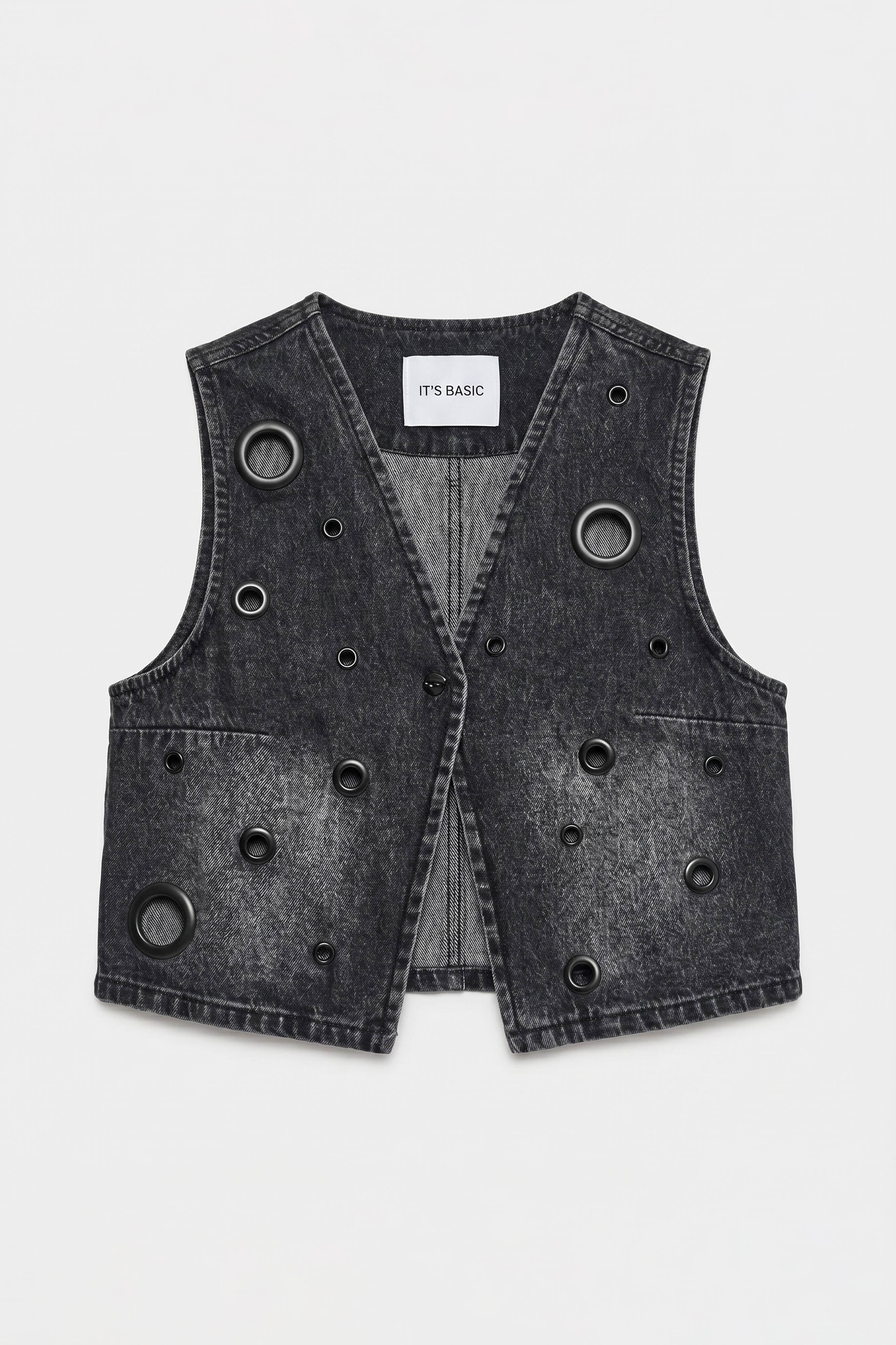 Kadın Koyu Füme 2s6-1 Crop Fit Kuş Gözlü Tasarım Denim Yelek