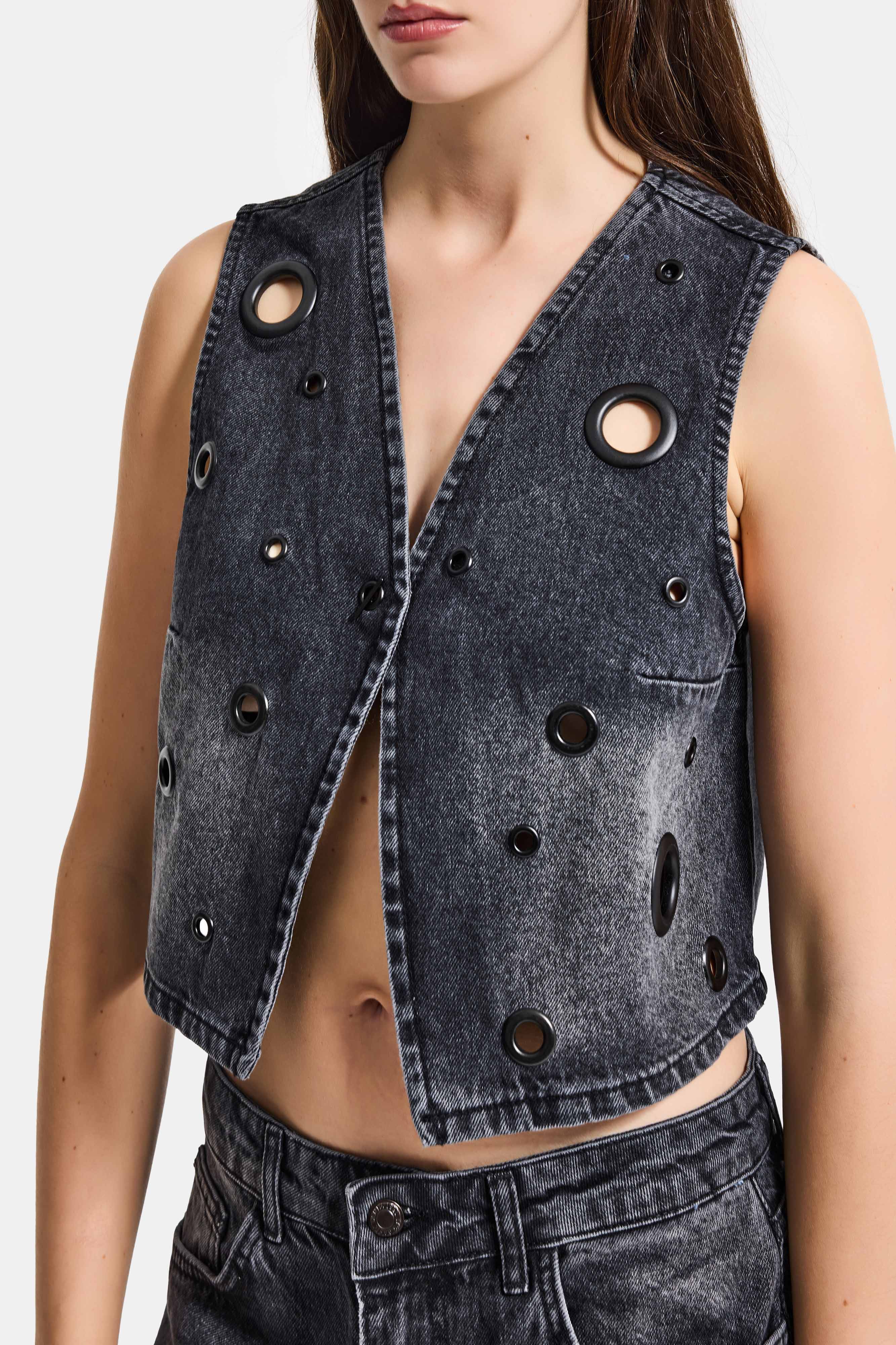 Kadın Koyu Füme 2s6-1 Crop Fit Kuş Gözlü Tasarım Denim Yelek