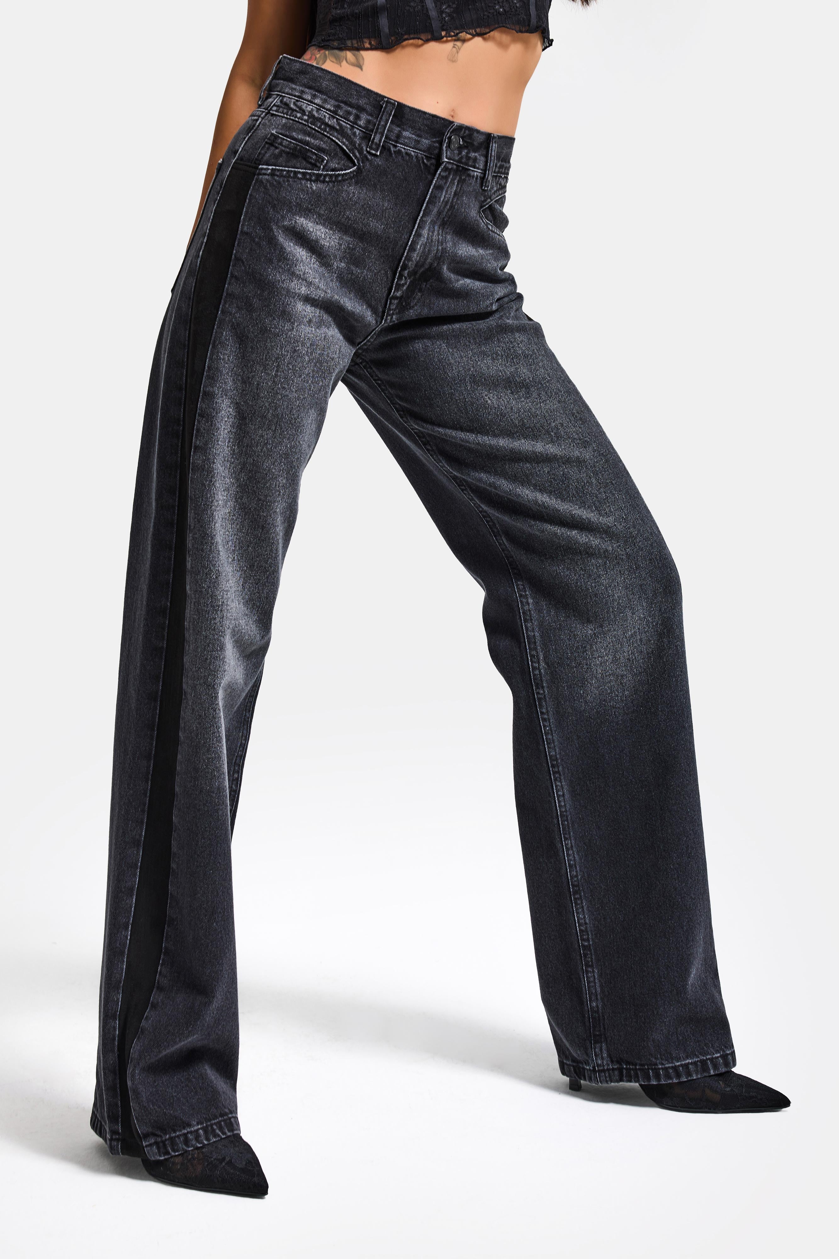 Kadın Koyu Füme 2s6-1 Loose Fit Yandan Süet Şeritli Tasarım Denim Jean