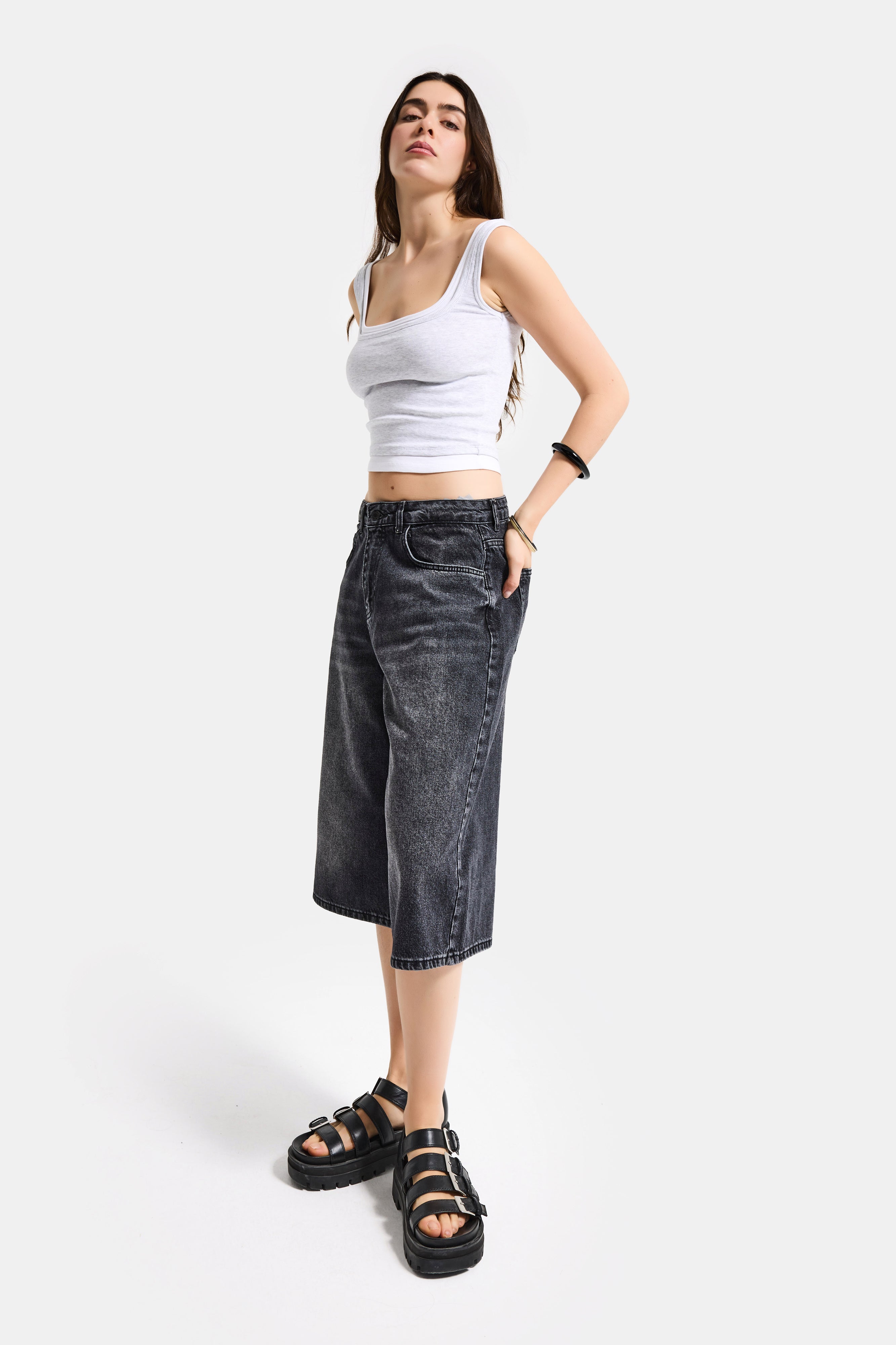 Kadın Koyu Füme 2s6-1 Maxi Süper Baggy Fit Bermuda Denim Şort