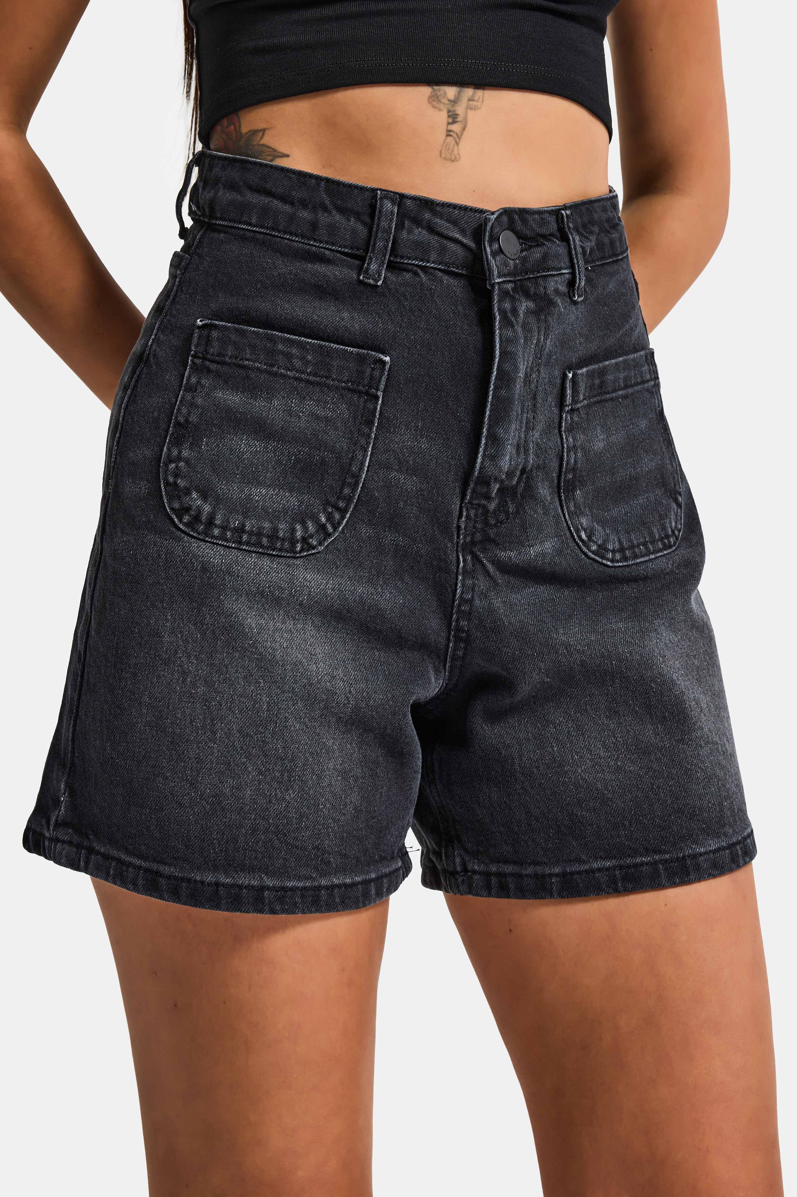 Women's Dark Smoked 2s6-1 Mom Fit Front Pocket Denim Shorts