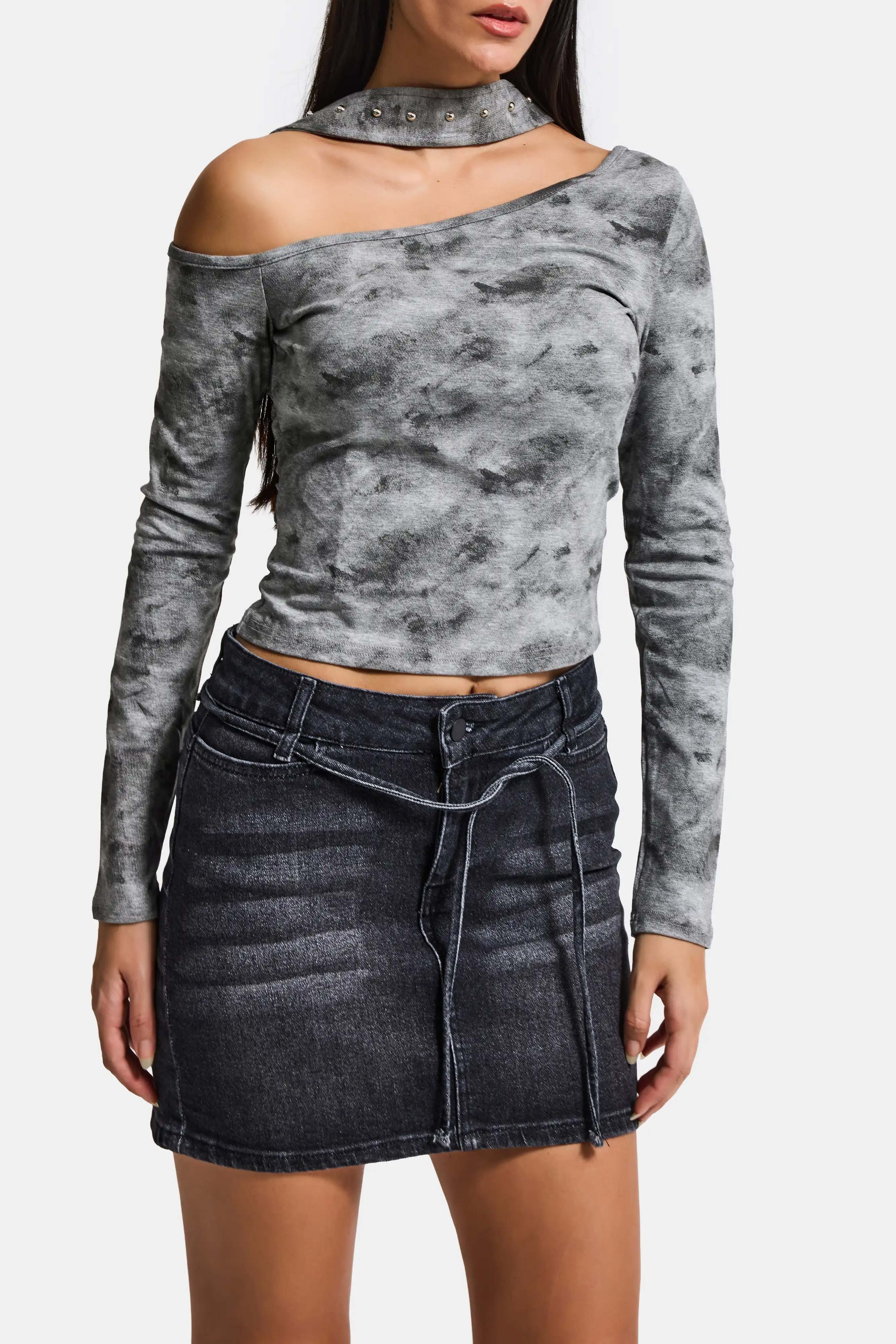 Women's Dark Smoke 2s6-1 Straight Fit Belted Elastane Mini Denim Skirt