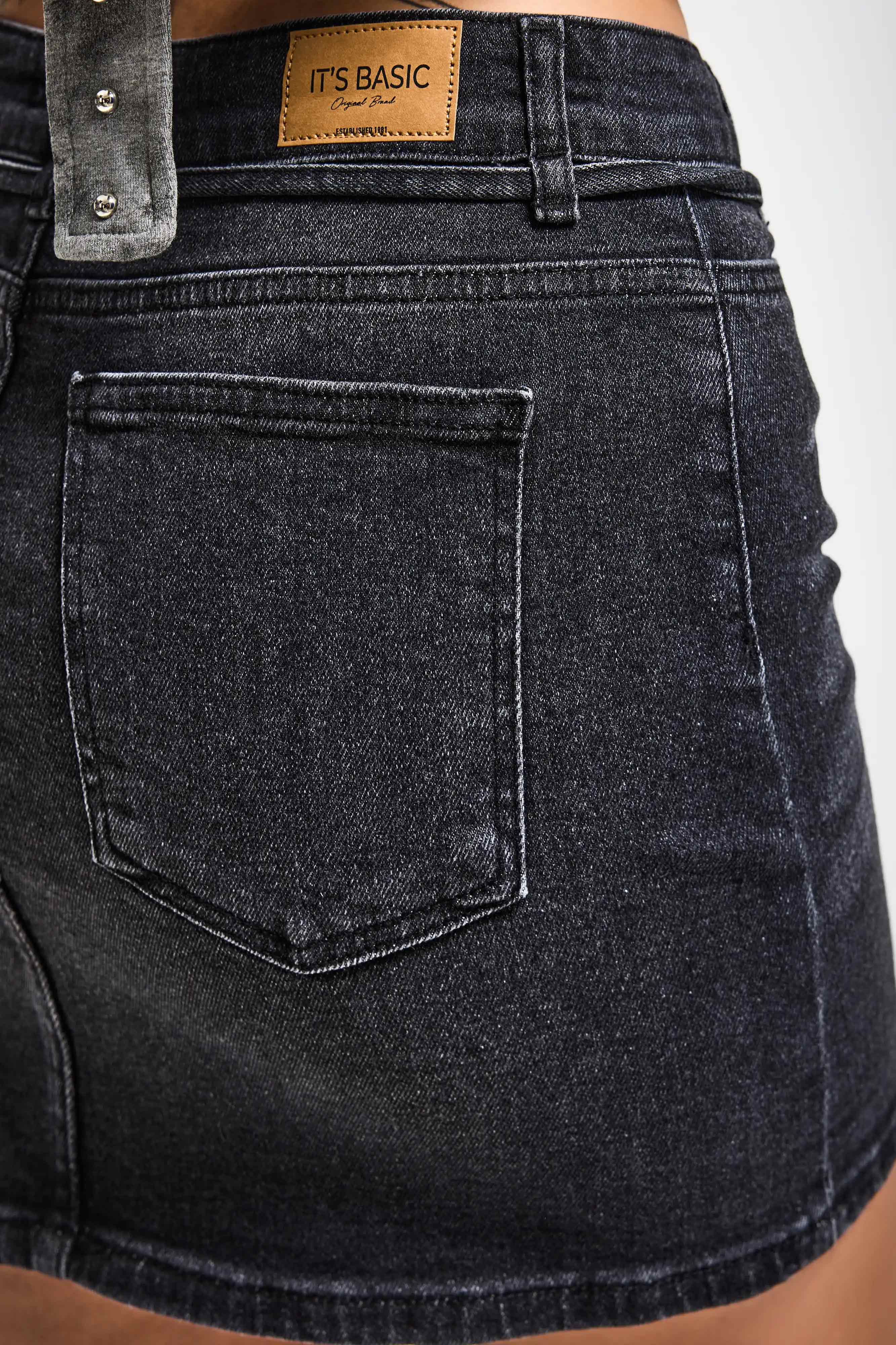 Women's Dark Smoke 2s6-1 Straight Fit Belted Elastane Mini Denim Skirt