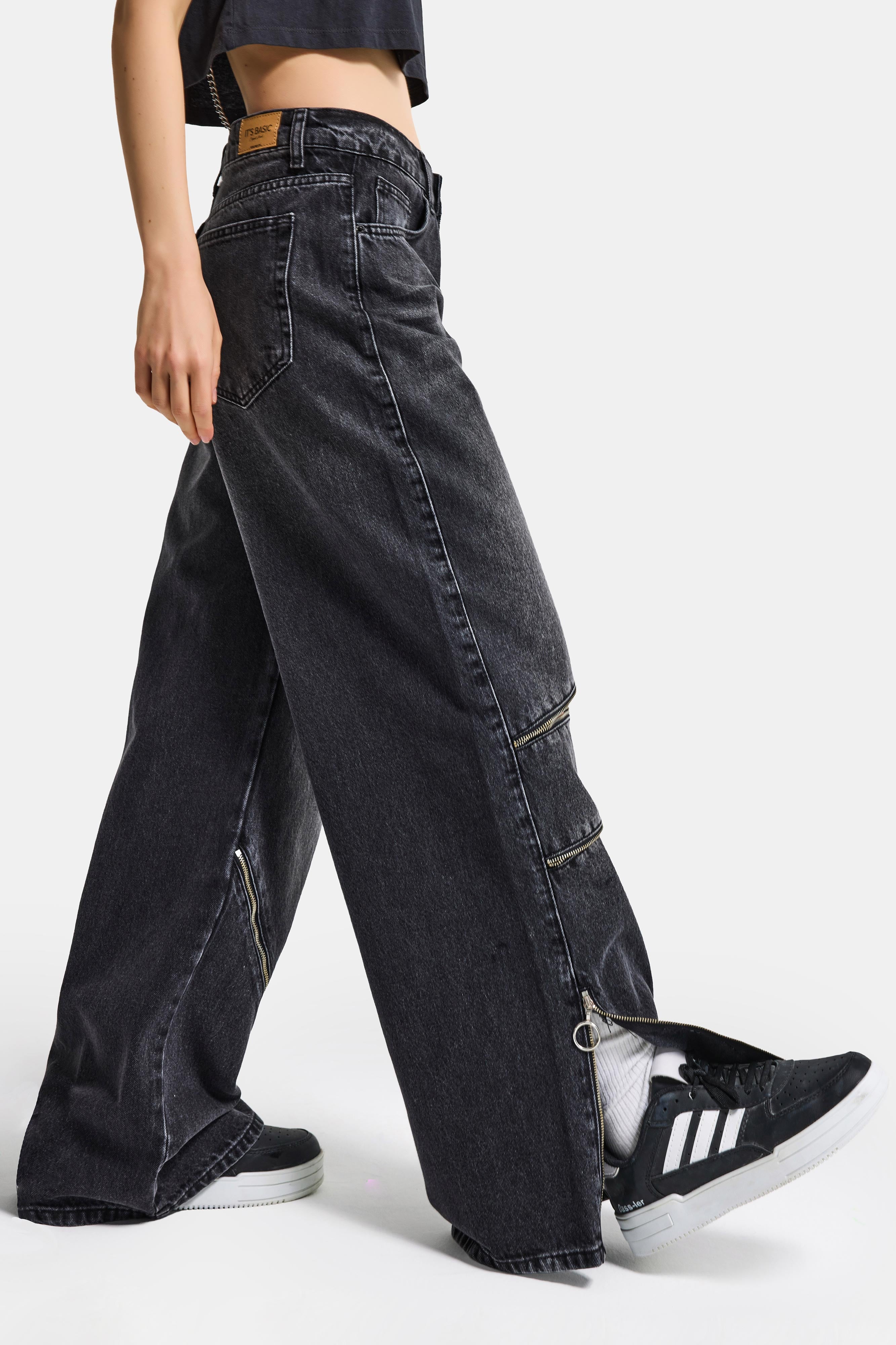 Kadın Koyu Füme 2s6-1 Süper Baggy Fit Fermuar Detaylı Özel Tasarım Denim Jean