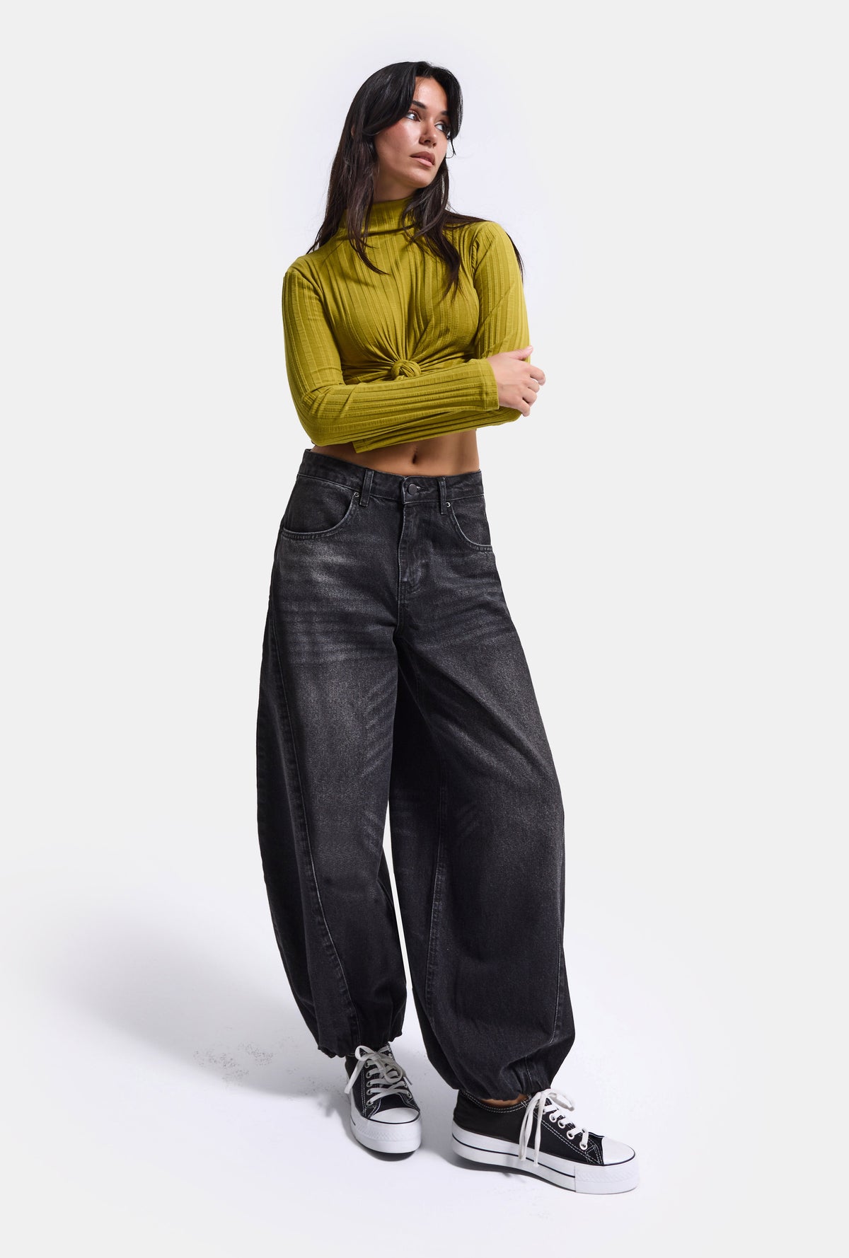 Kadın Koyu Füme 2w6-1 Barrel Jogger Paça Lastikli Denim Jean