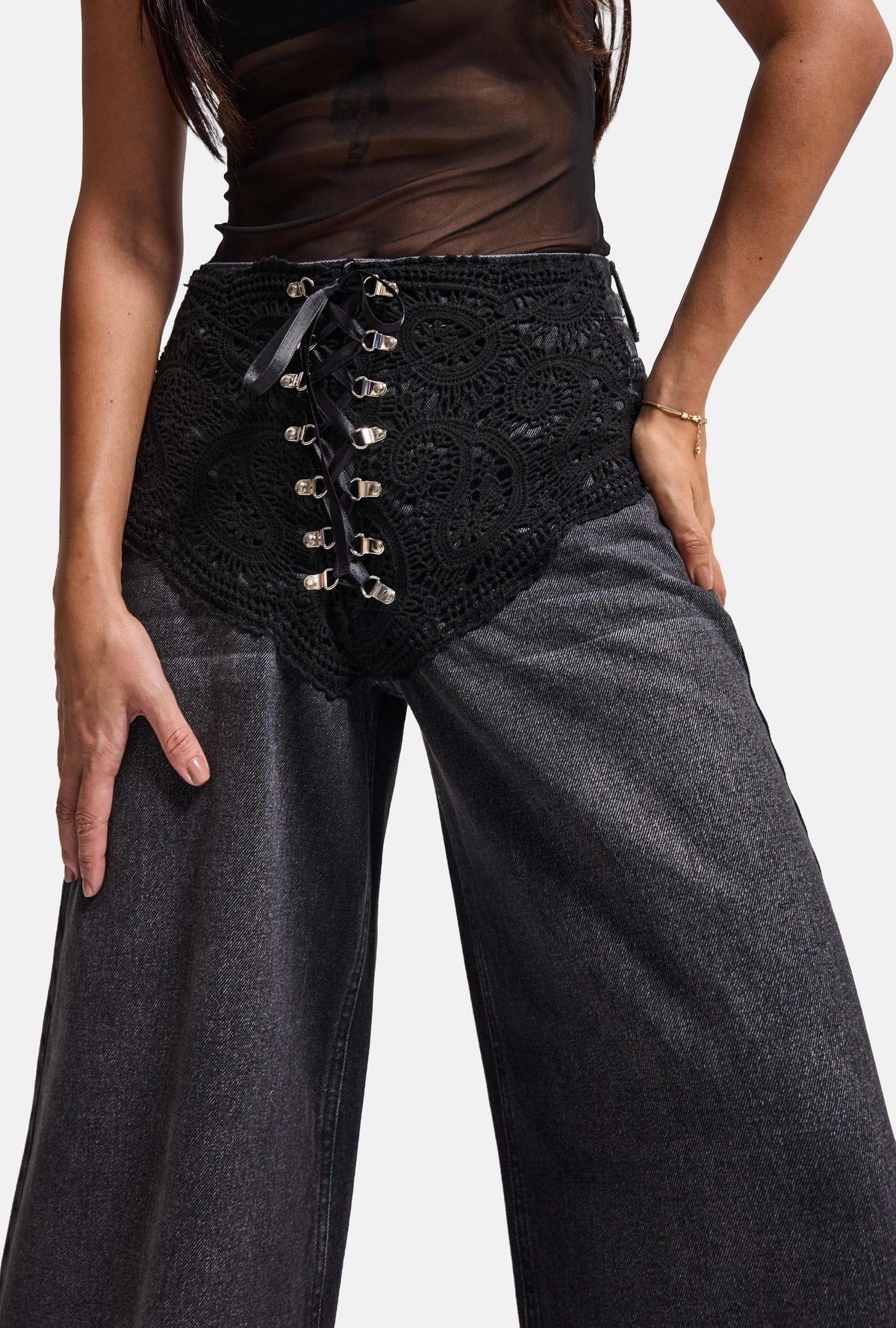 Kadın Koyu Füme 2w6-1 Palazzo Fit Özel Tasarım Denim Jean