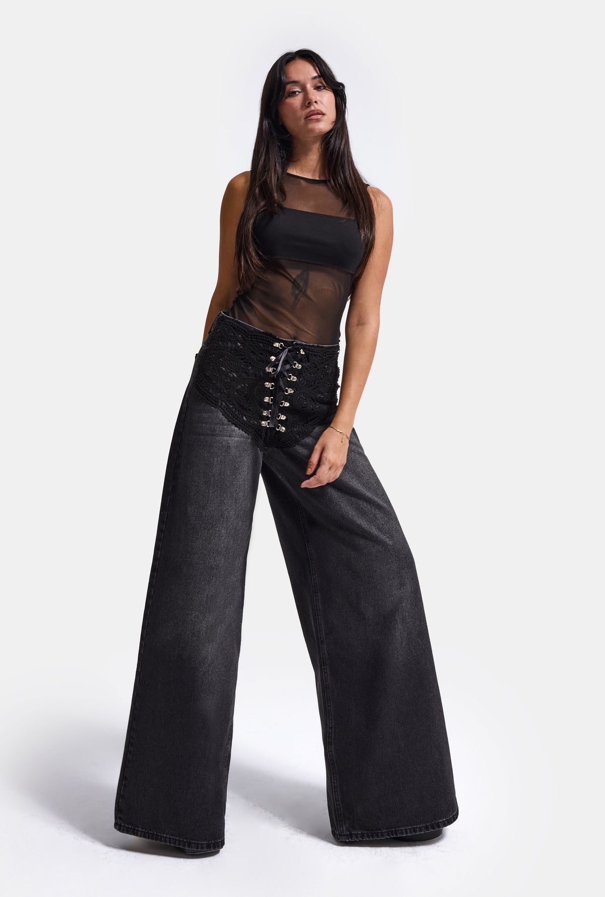 Kadın Koyu Füme 2w6-1 Palazzo Fit Özel Tasarım Denim Jean