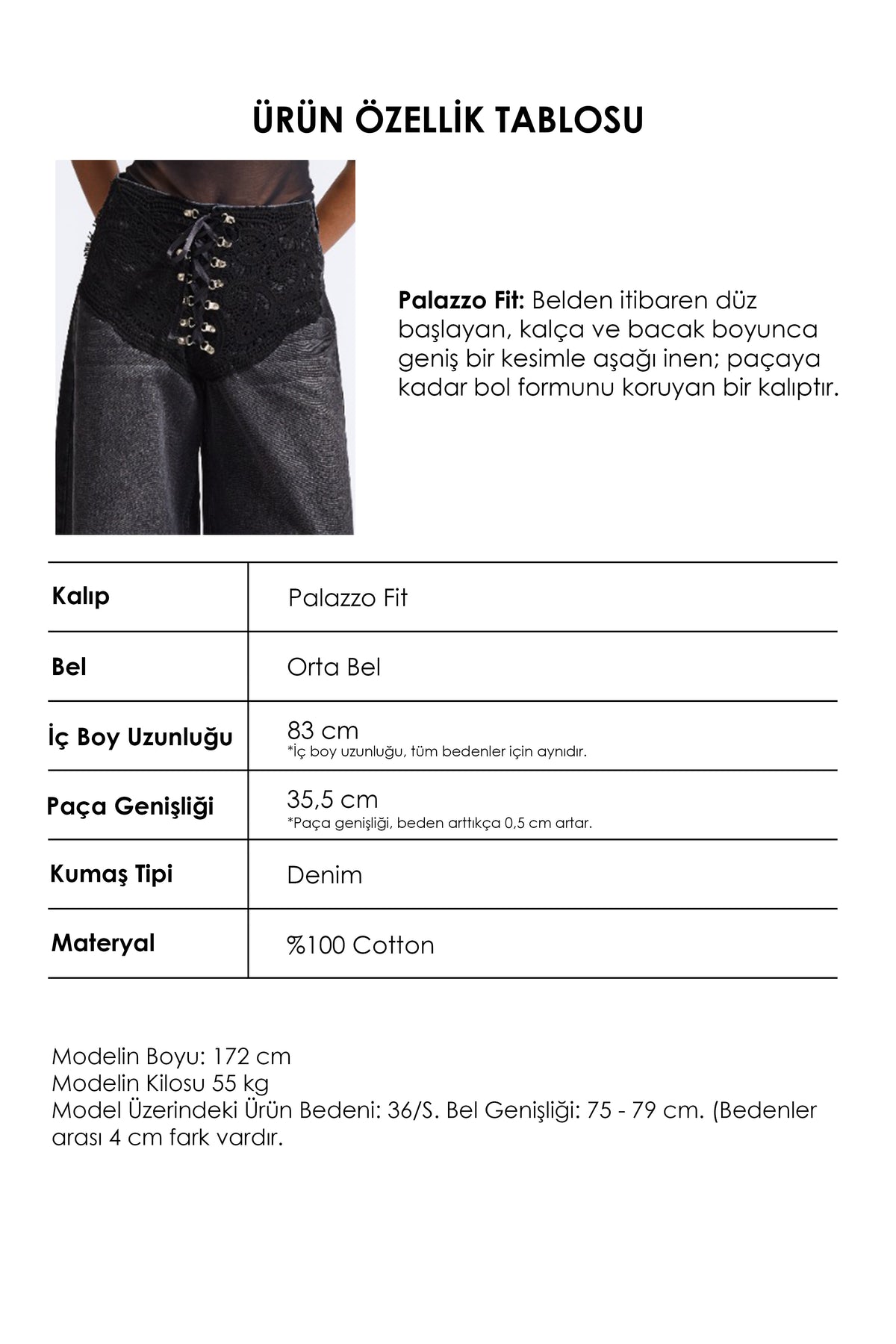 Kadın Koyu Füme 2w6-1 Palazzo Fit Özel Tasarım Denim Jean