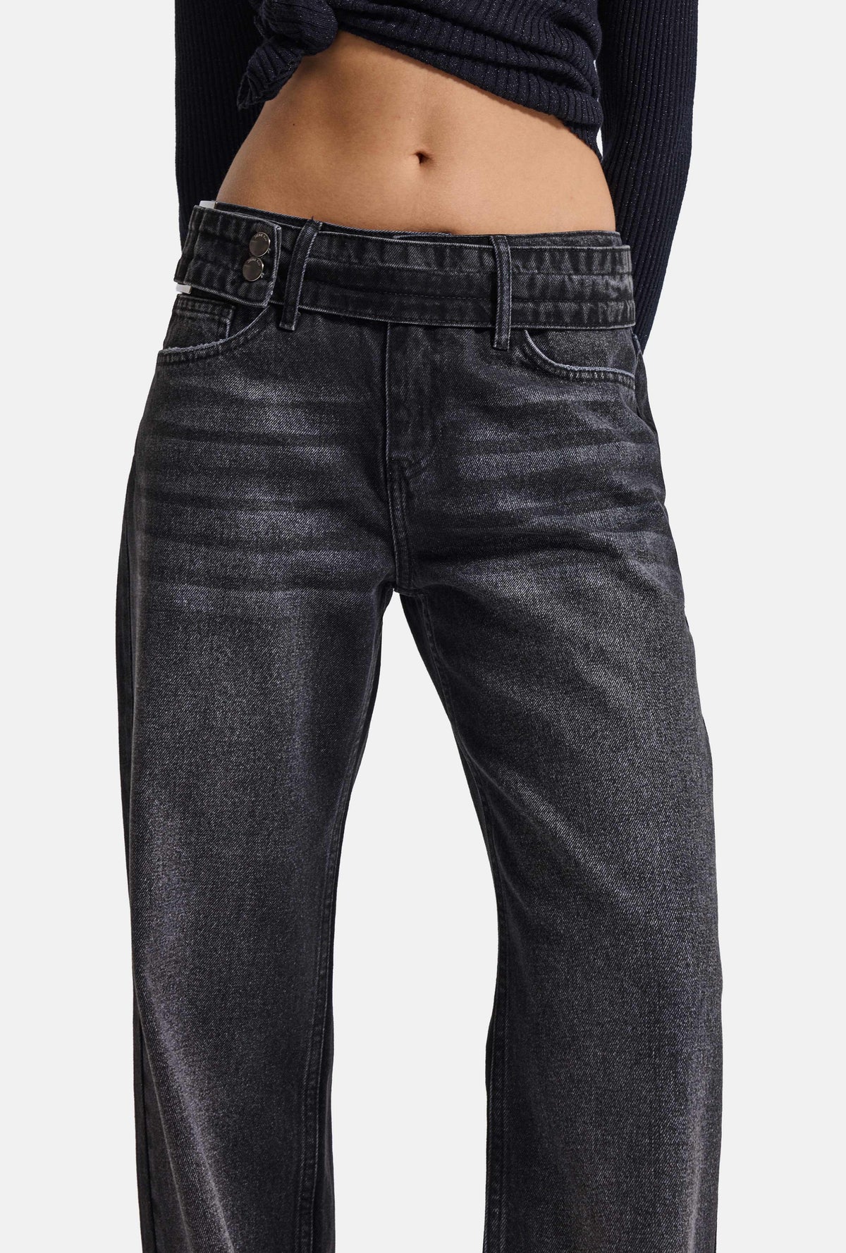 Kadın Koyu Füme 2w6-1 Straight Fit Kemer Detaylı Tasarım Denim Jean