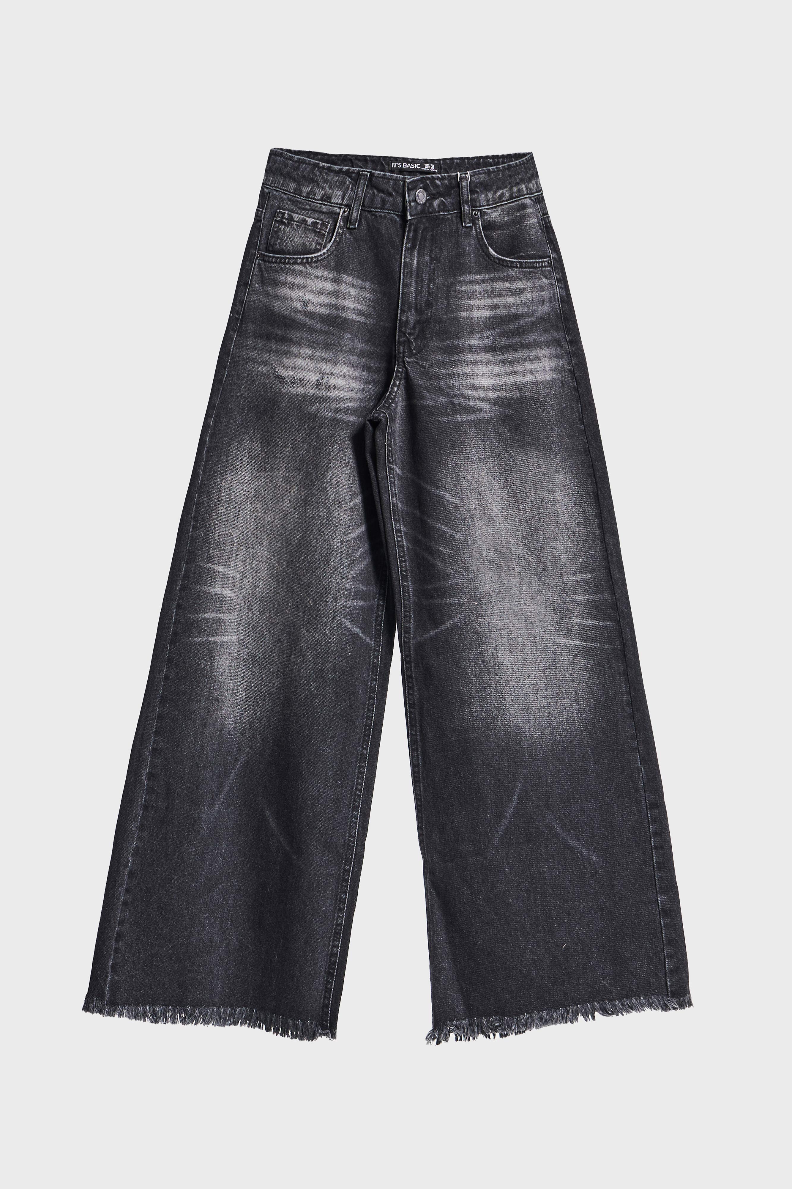 Kadın Koyu Füme Renk 12s5-1 Palazzo Fit Paça Detaylı İç Boy 80cm %100 Koton Denim Jean