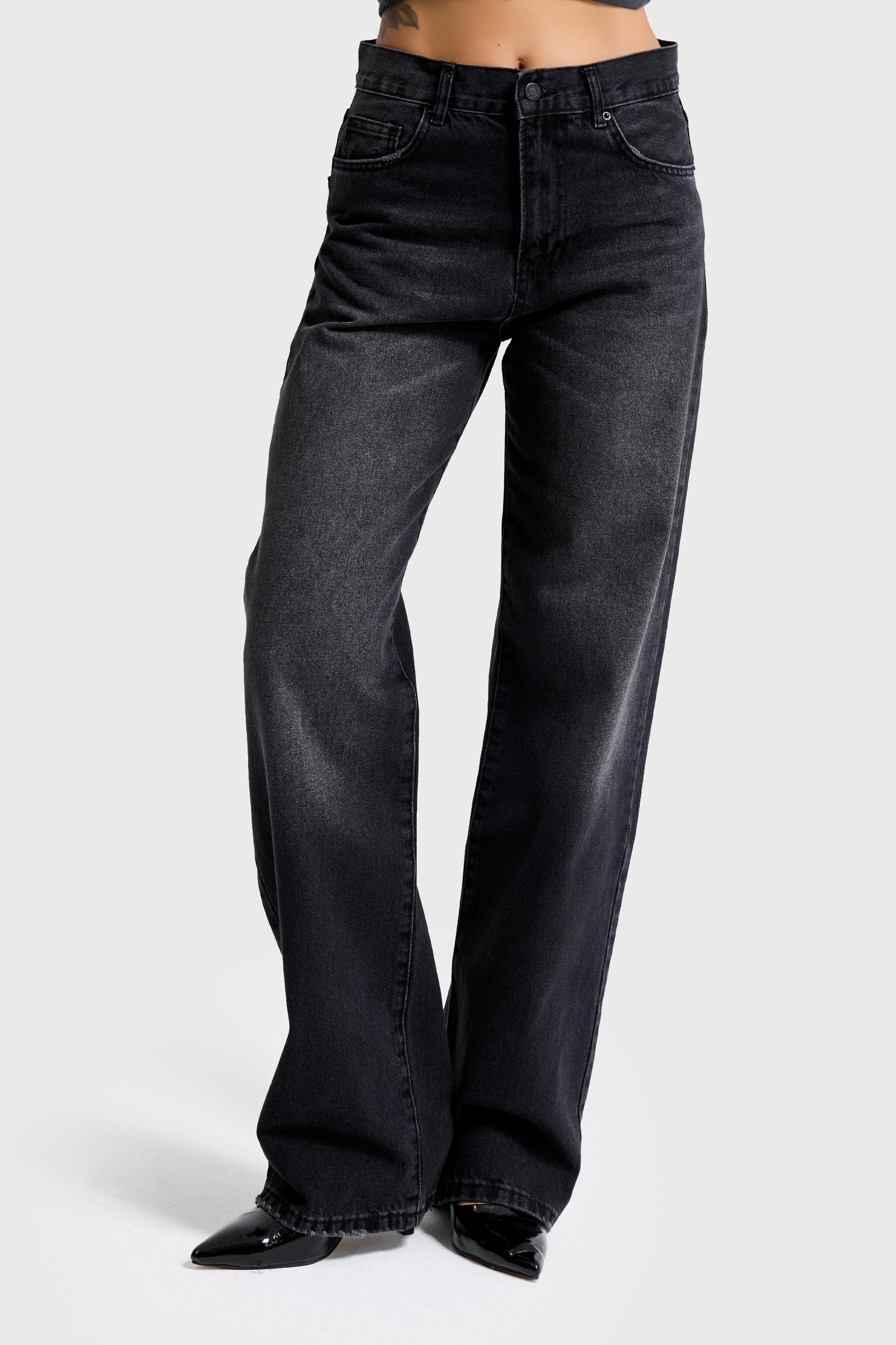 Kadın Koyu Füme Renk 2s6-1 Loose Fit Orta Bel %100 Koton Denim Jean