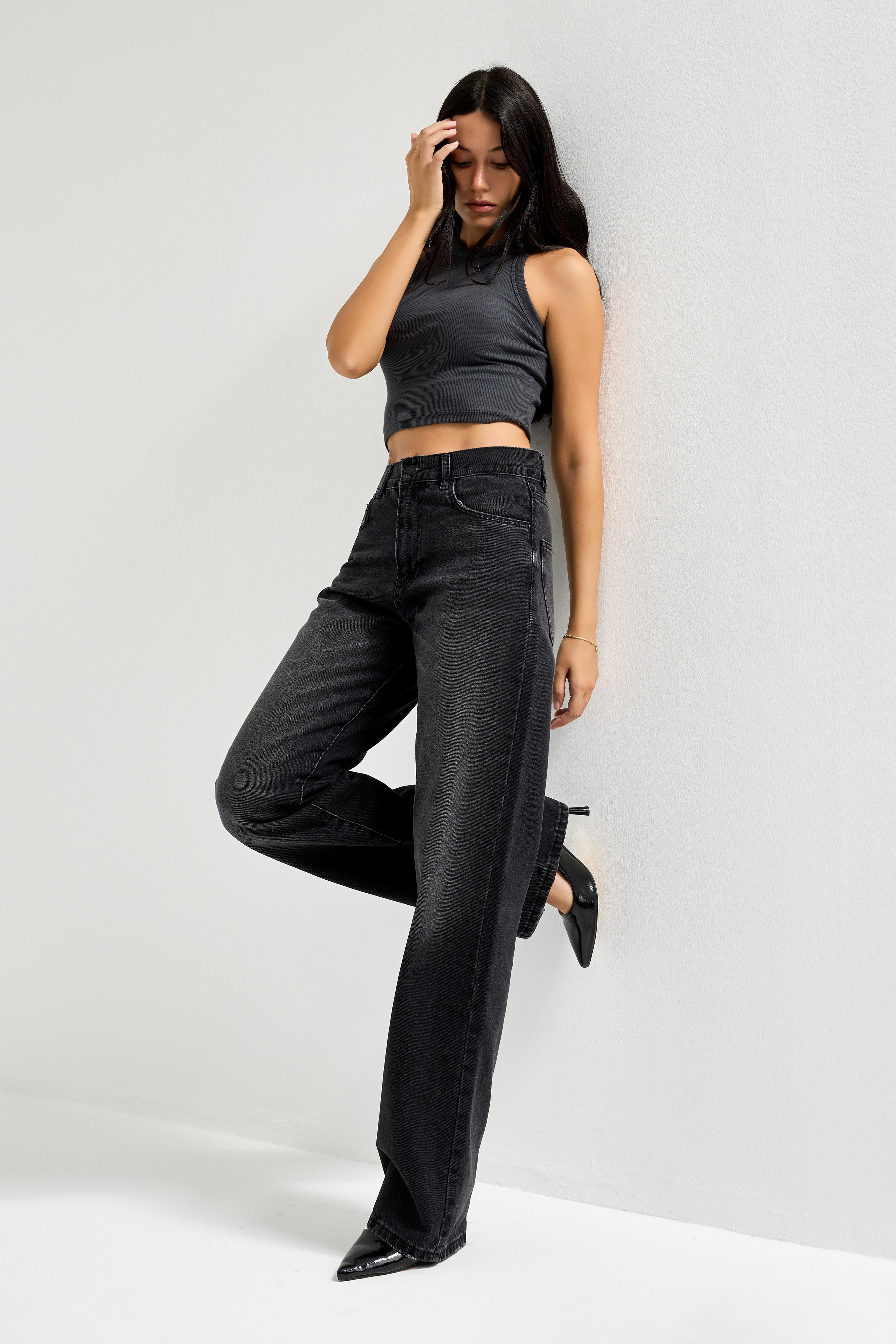 Kadın Koyu Füme Renk 2s6-1 Loose Fit Orta Bel %100 Koton Denim Jean