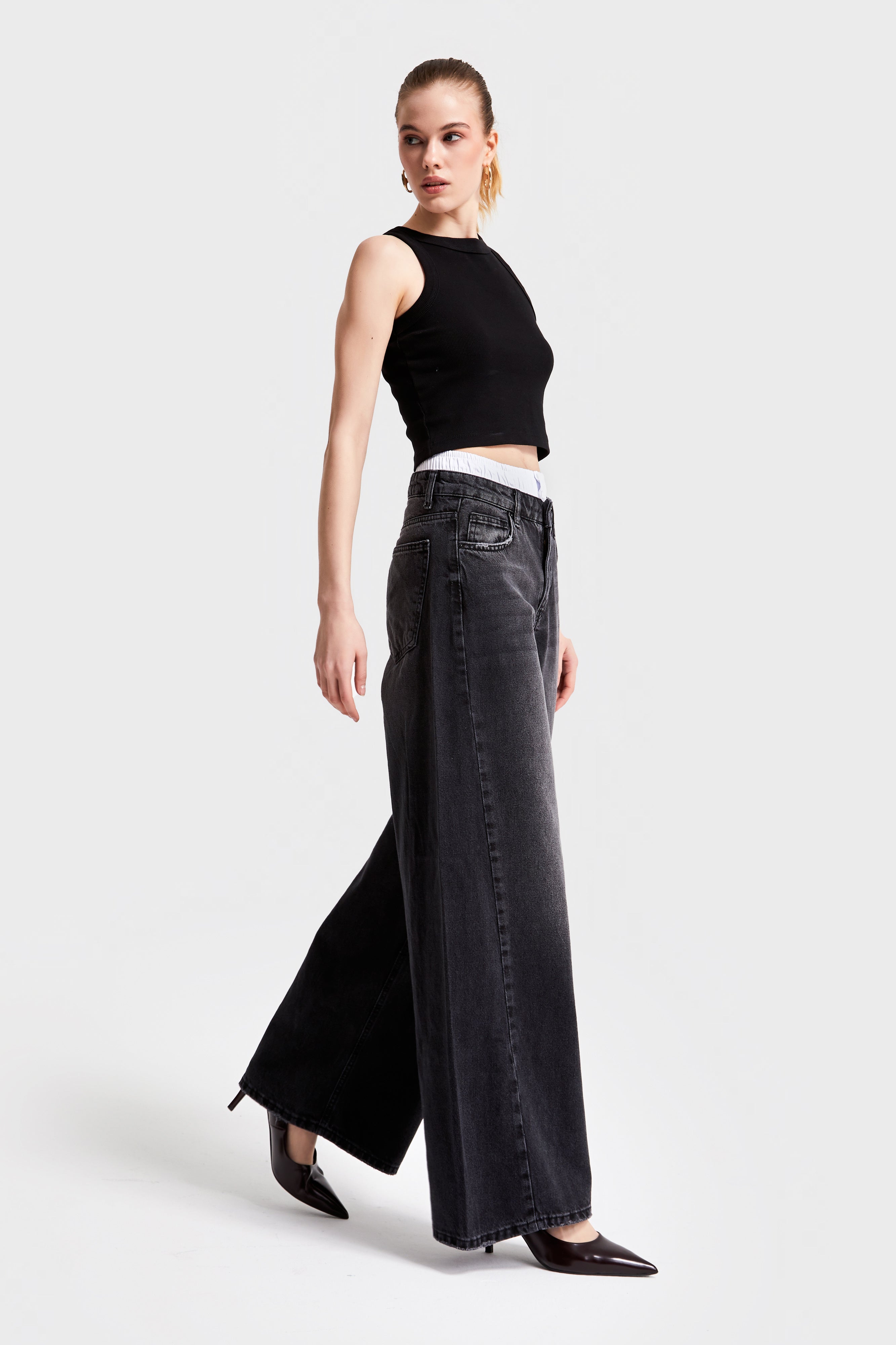 Женские темно-дымчатые боксеры 2W4-1 с подробным рисунком, палаццо, 100% хлопок, деним