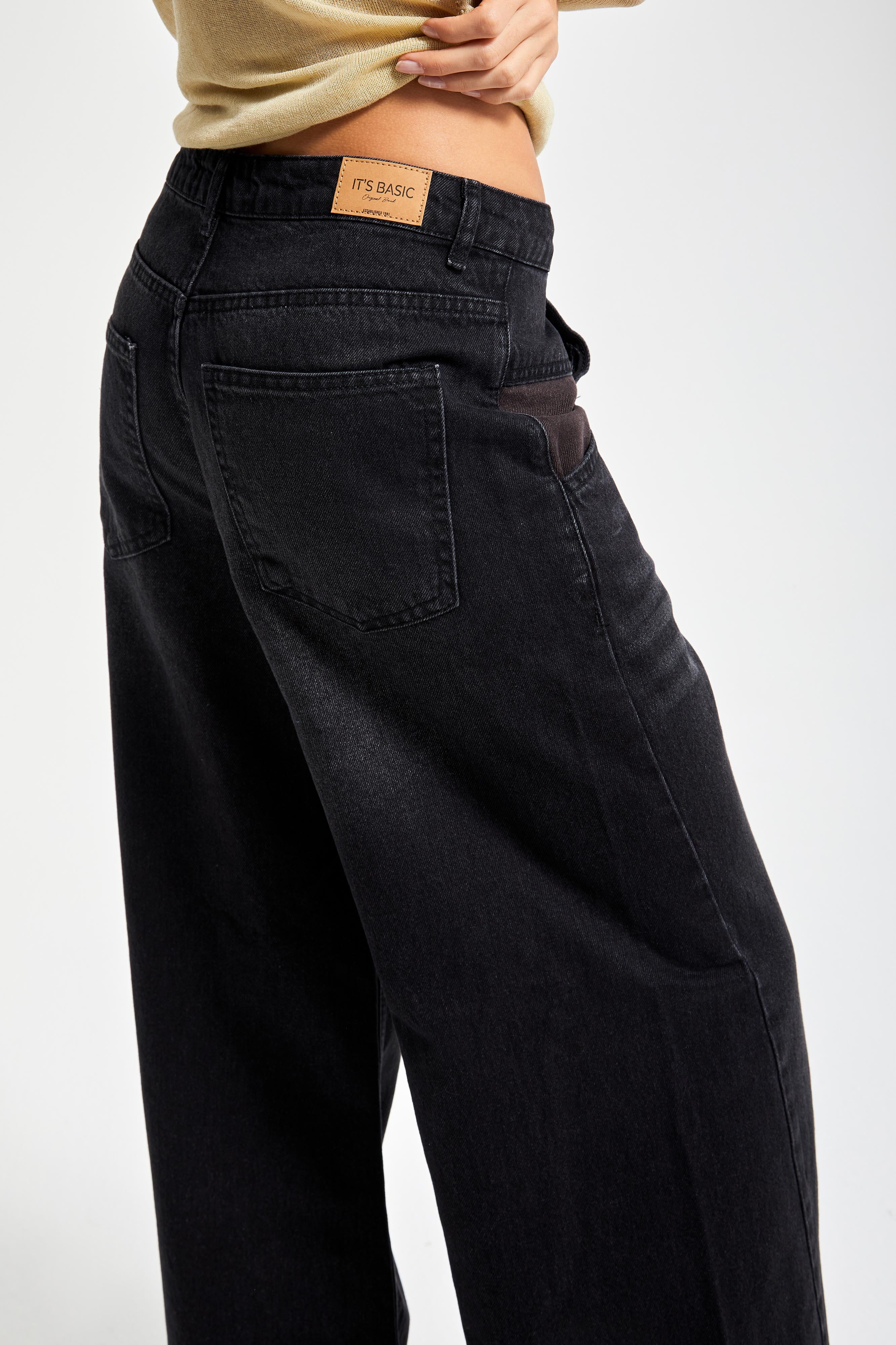 Kadın Koyu Füme Renk 2w5-1 Palazzo Fit Bol Kesim Cep Detaylı %100 Koton Denim Jean