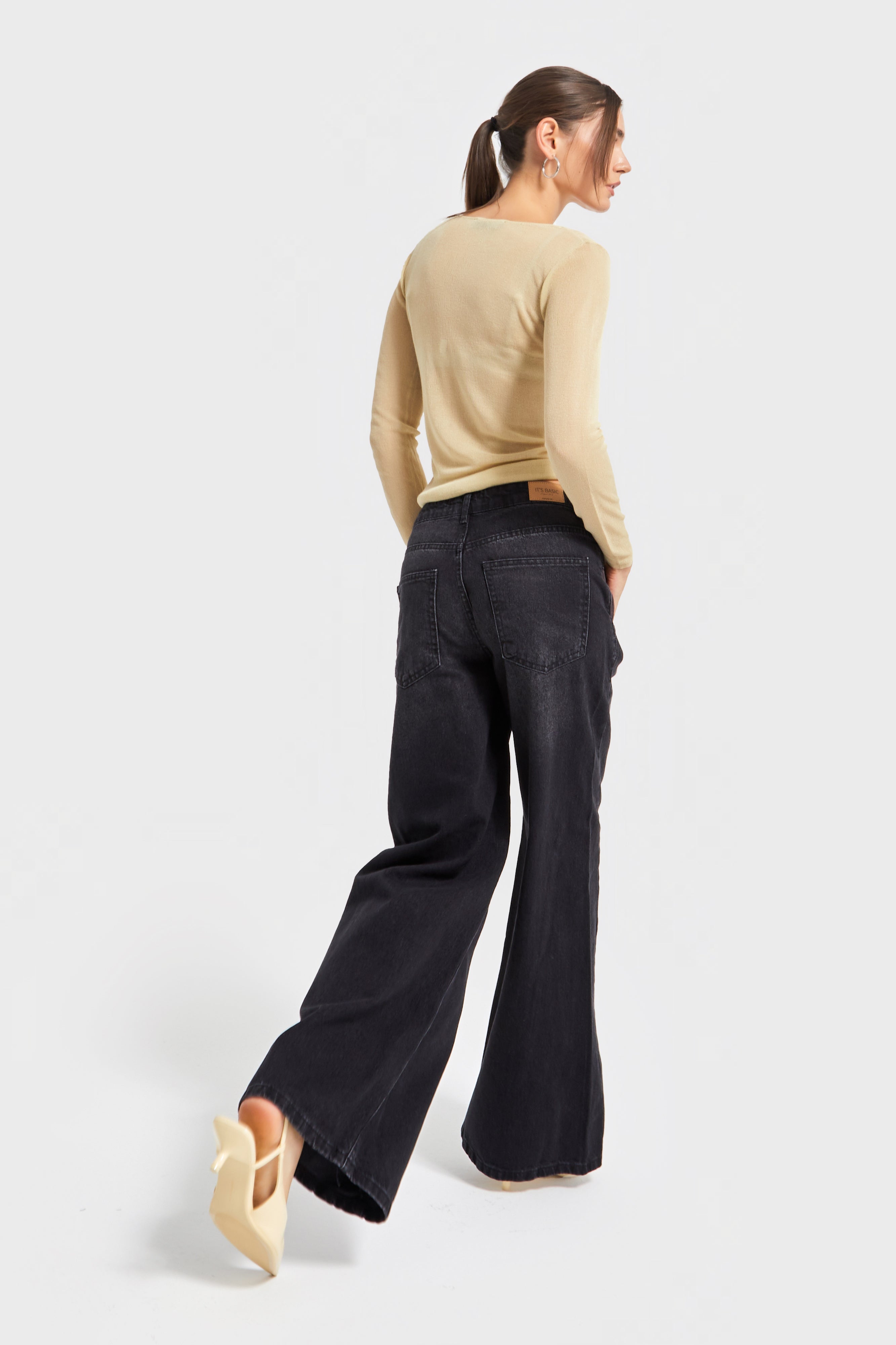 Kadın Koyu Füme Renk 2w5-1 Palazzo Fit Bol Kesim Cep Detaylı %100 Koton Denim Jean