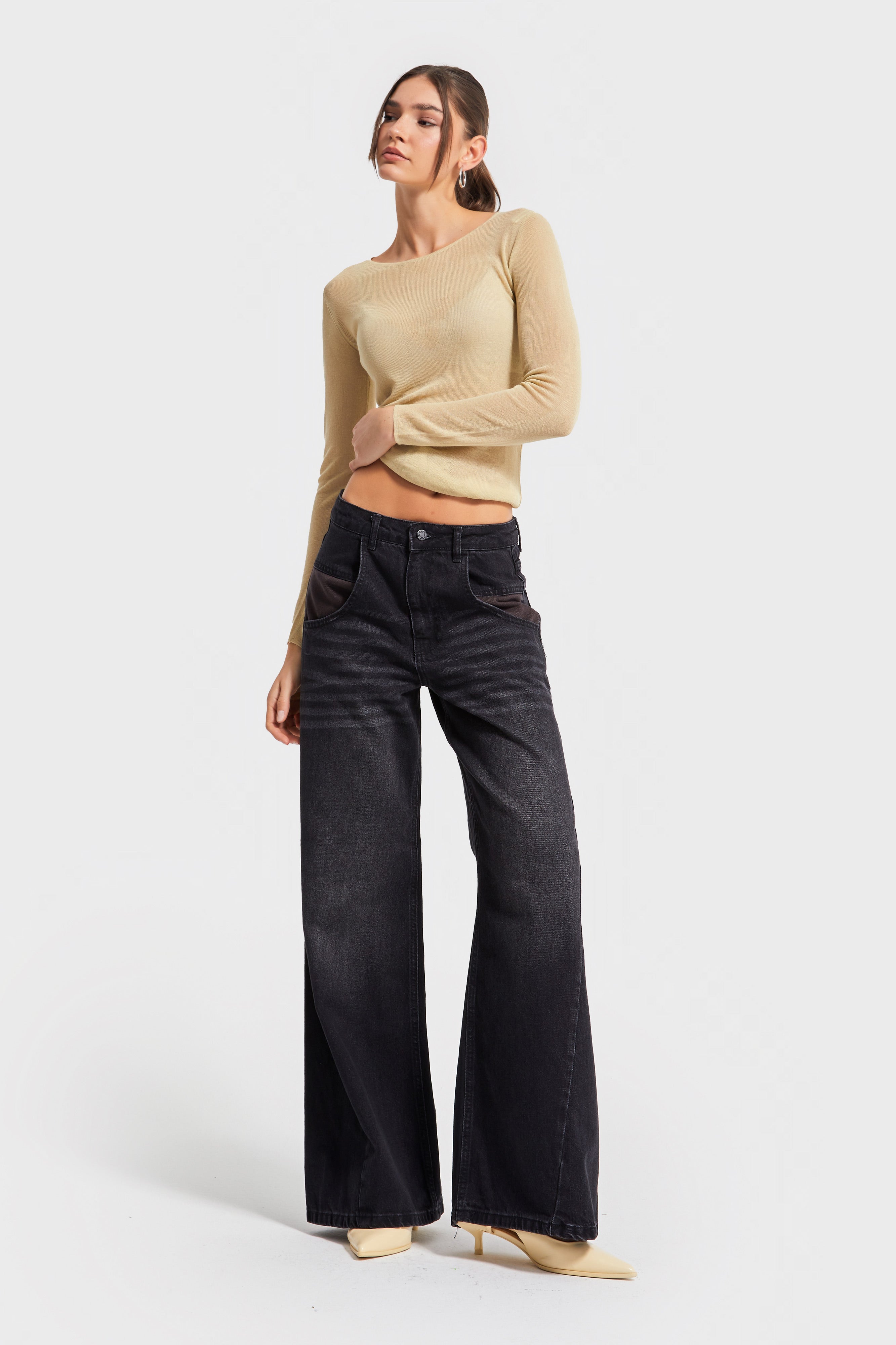 Kadın Koyu Füme Renk 2w5-1 Palazzo Fit Bol Kesim Cep Detaylı %100 Koton Denim Jean