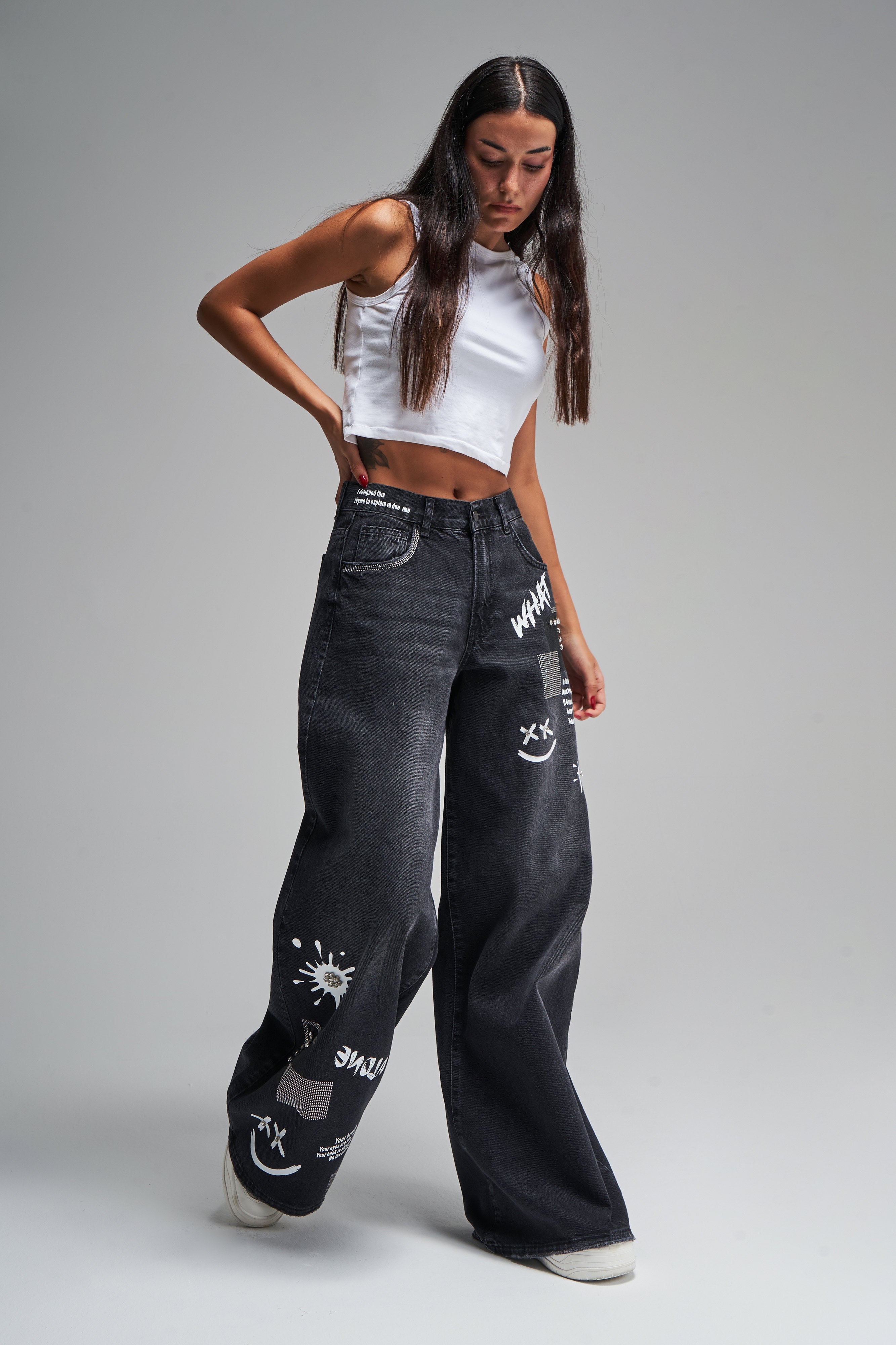 Women's Dark Smoke Color Printed Shiny Stone Palazzo Fit Design Denim