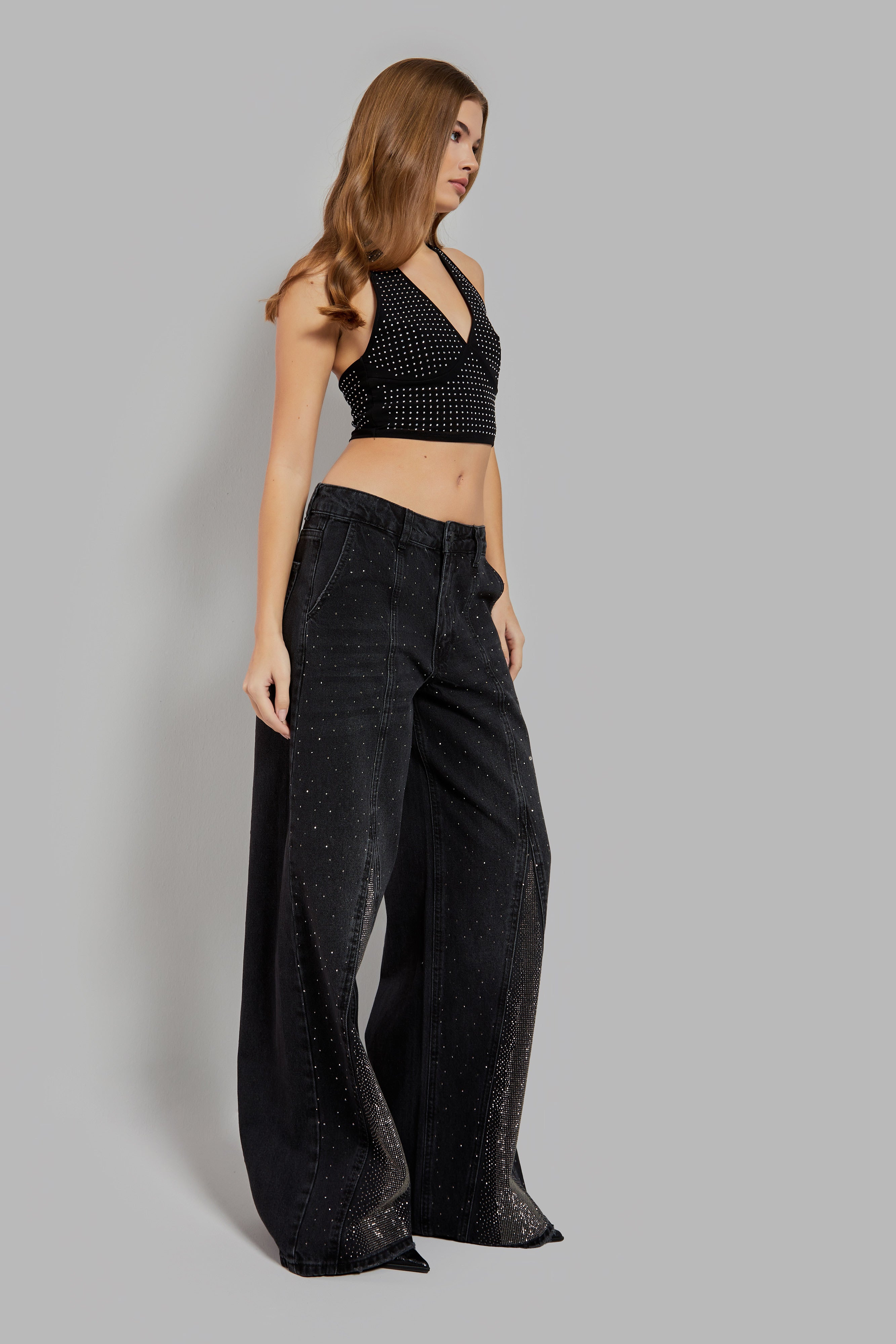 Kadın Koyu Füme Renk Palazzo Fit Parlak Taşlı Tasarım Denim