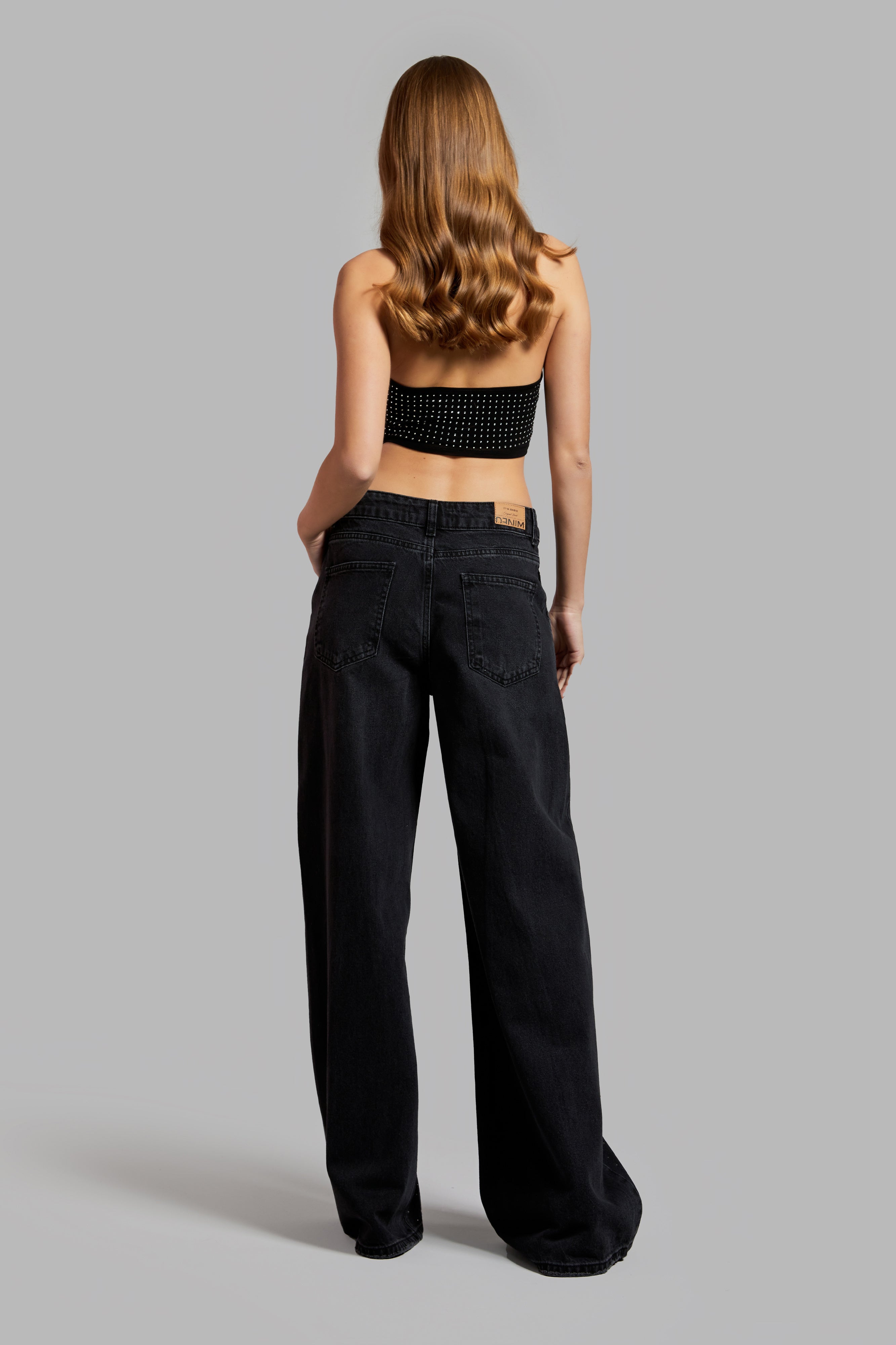 Kadın Koyu Füme Renk Palazzo Fit Parlak Taşlı Tasarım Denim